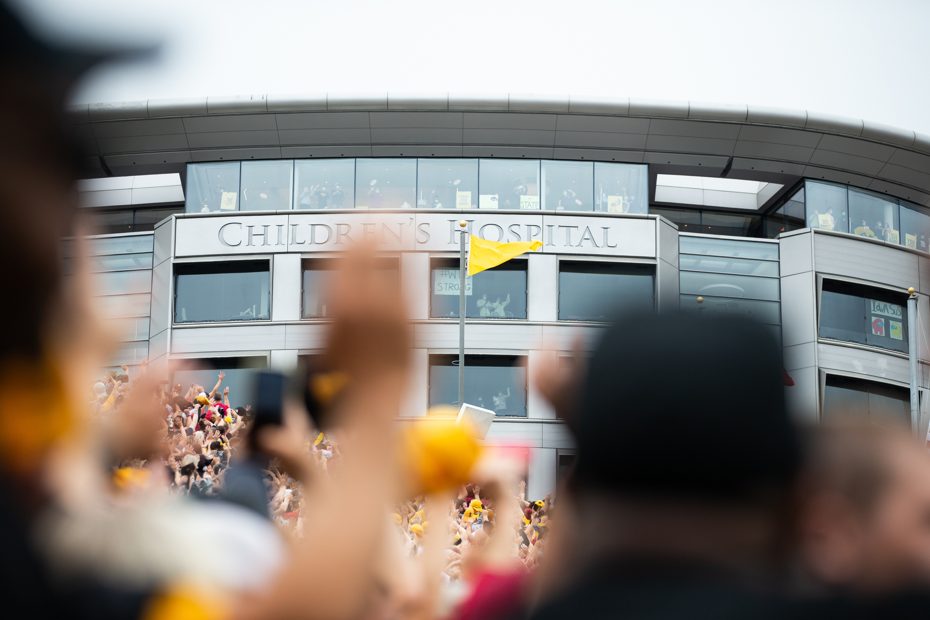 Fans wave to the University of Iowa Stead Family Children's Hospital during a NCAA football game between the Iowa Hawkeyes and the Iowa State Cyclones at Kinnick Stadium in Iowa City, Iowa on Saturday, Sept. 10, 2022.