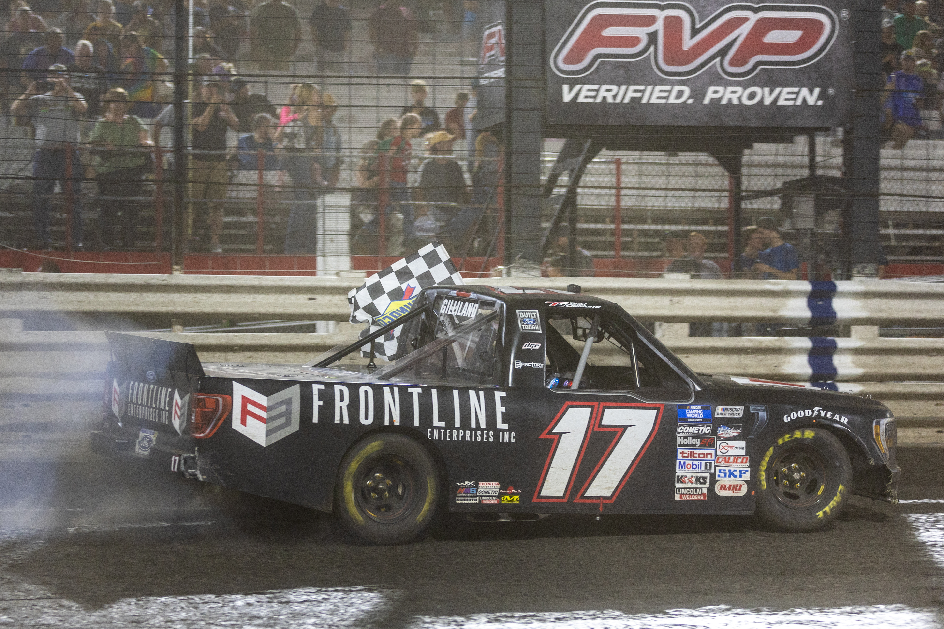 NASCAR Gander RV and Outdoors Truck Series driver Todd Gilliland (17) celebrates winning the Clean Harbors 150 NASCAR Camping World Truck Series Race at Knoxville Raceway in Knoxville, Iowa on Saturday, June 18, 2022.