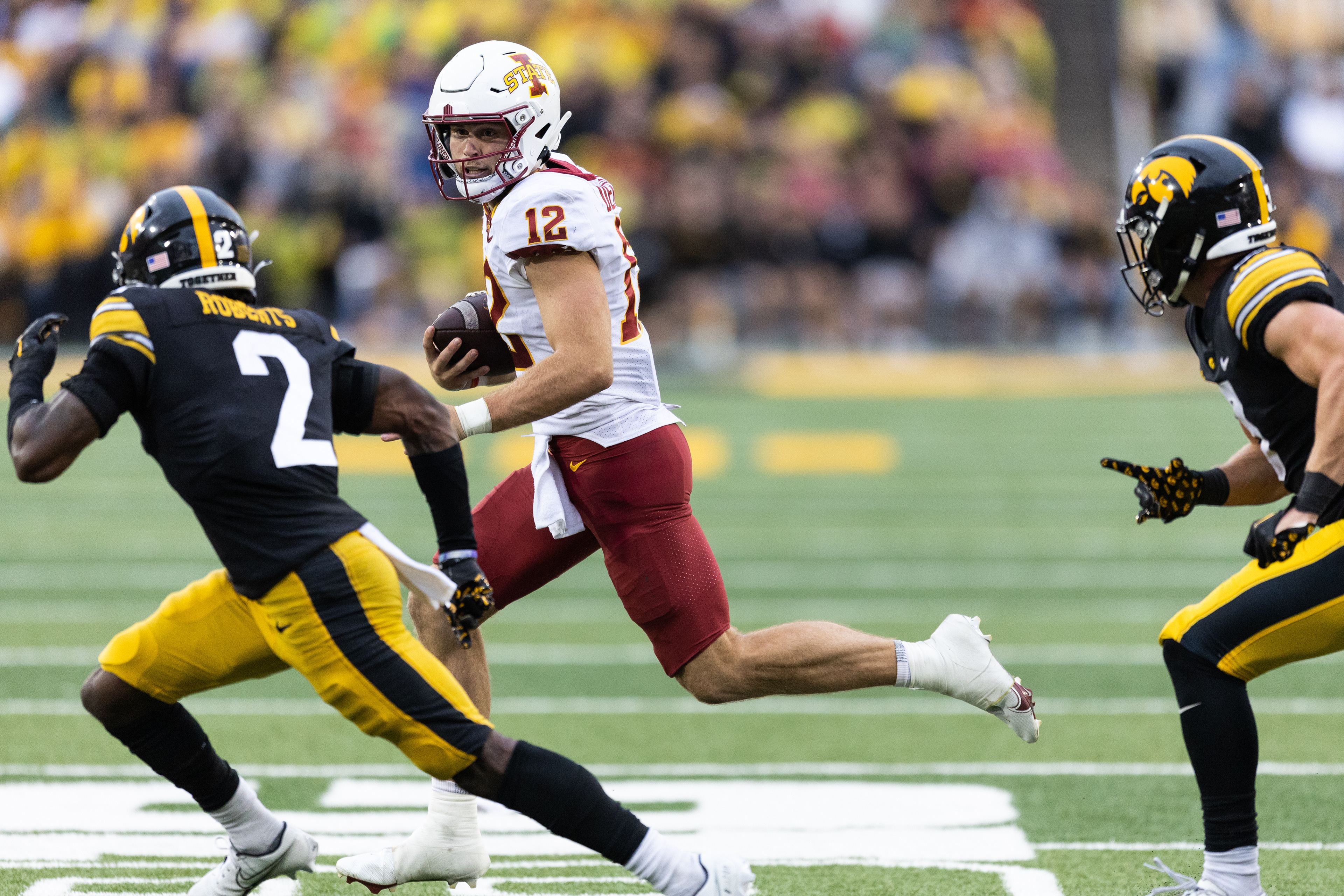 Iowa State Cyclones quarterback Hunter Dekkers (12) during a NCAA football game between the Iowa Hawkeyes and the Iowa State Cyclones at Kinnick Stadium in Iowa City, Iowa on Saturday, Sept. 10, 2022.