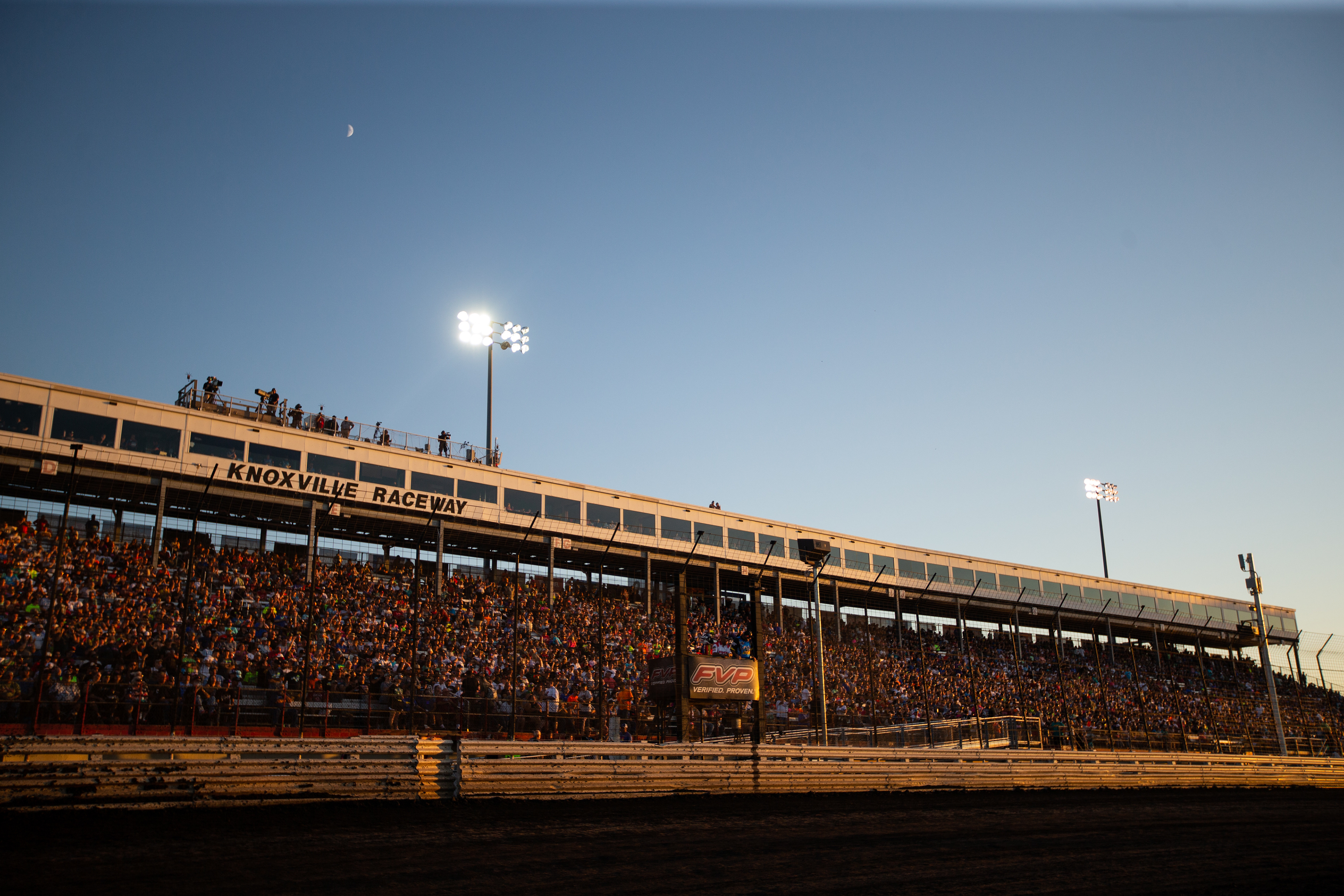 A general view of the Knoxville Raceway frontstretch grandstands during the 60th Annual NOS Energy Drink Knoxville Nationals presented by Caseys Championship Night at Knoxville Raceway in Knoxville, Iowa on Saturday, Aug. 14, 2021.