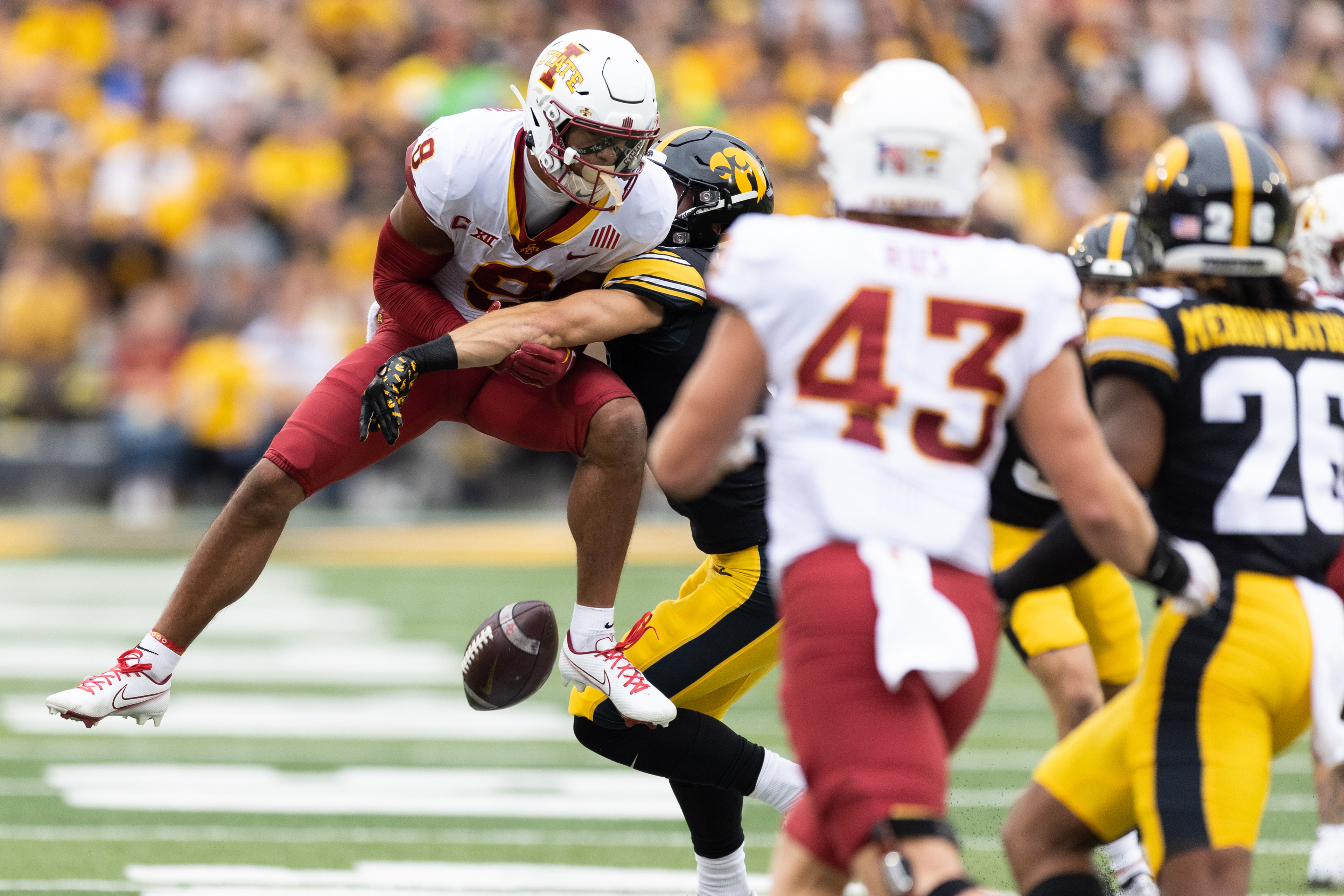 Iowa State Cyclones wide receiver Xavier Hutchinson (8) drops a pass during a NCAA football game between the Iowa Hawkeyes and the Iowa State Cyclones at Kinnick Stadium in Iowa City, Iowa on Saturday, Sept. 10, 2022.