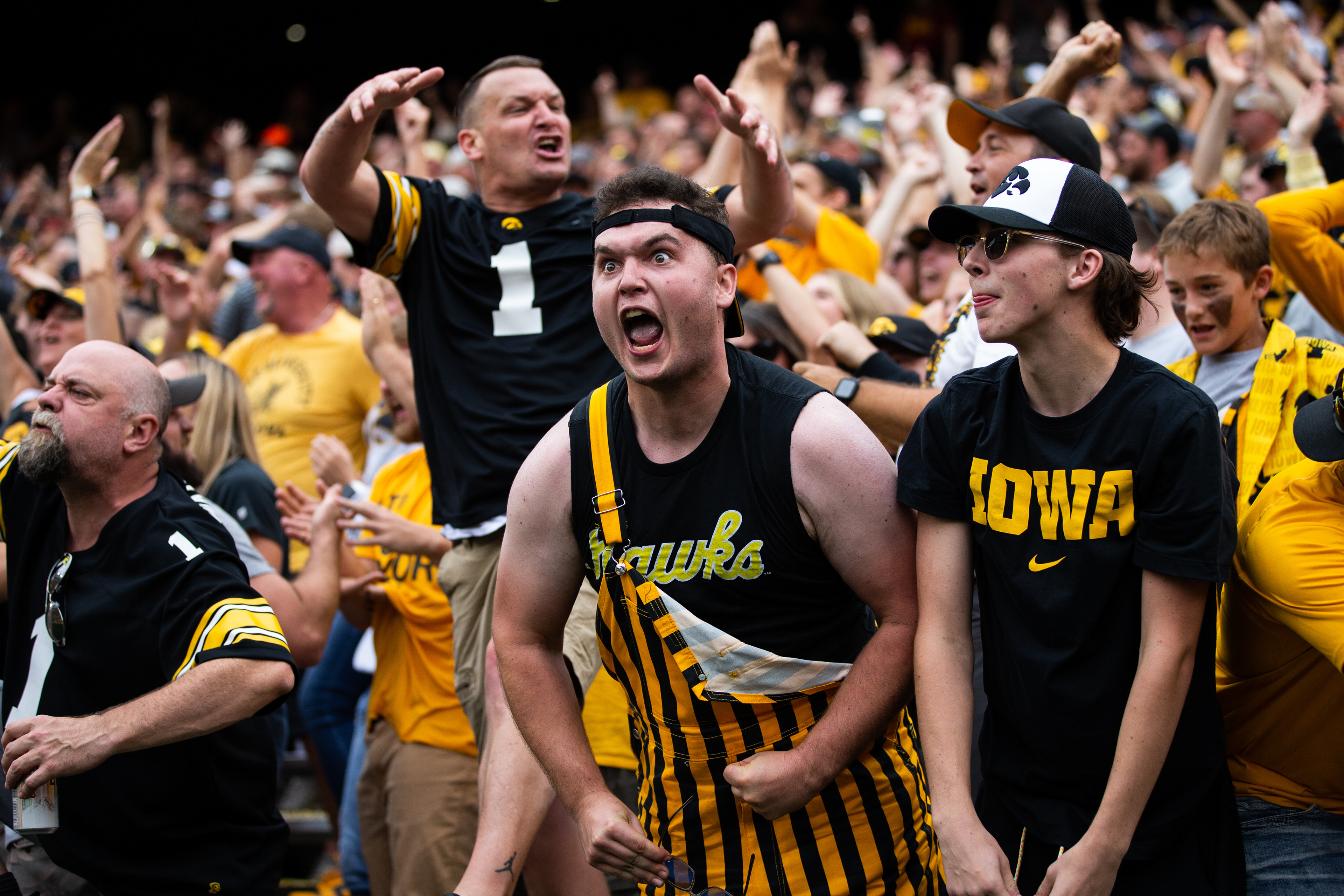 Iowa Hawkeyes fans question an official’s call during a NCAA football game between the Iowa Hawkeyes and the Iowa State Cyclones at Kinnick Stadium in Iowa City, Iowa on Saturday, Sept. 10, 2022.