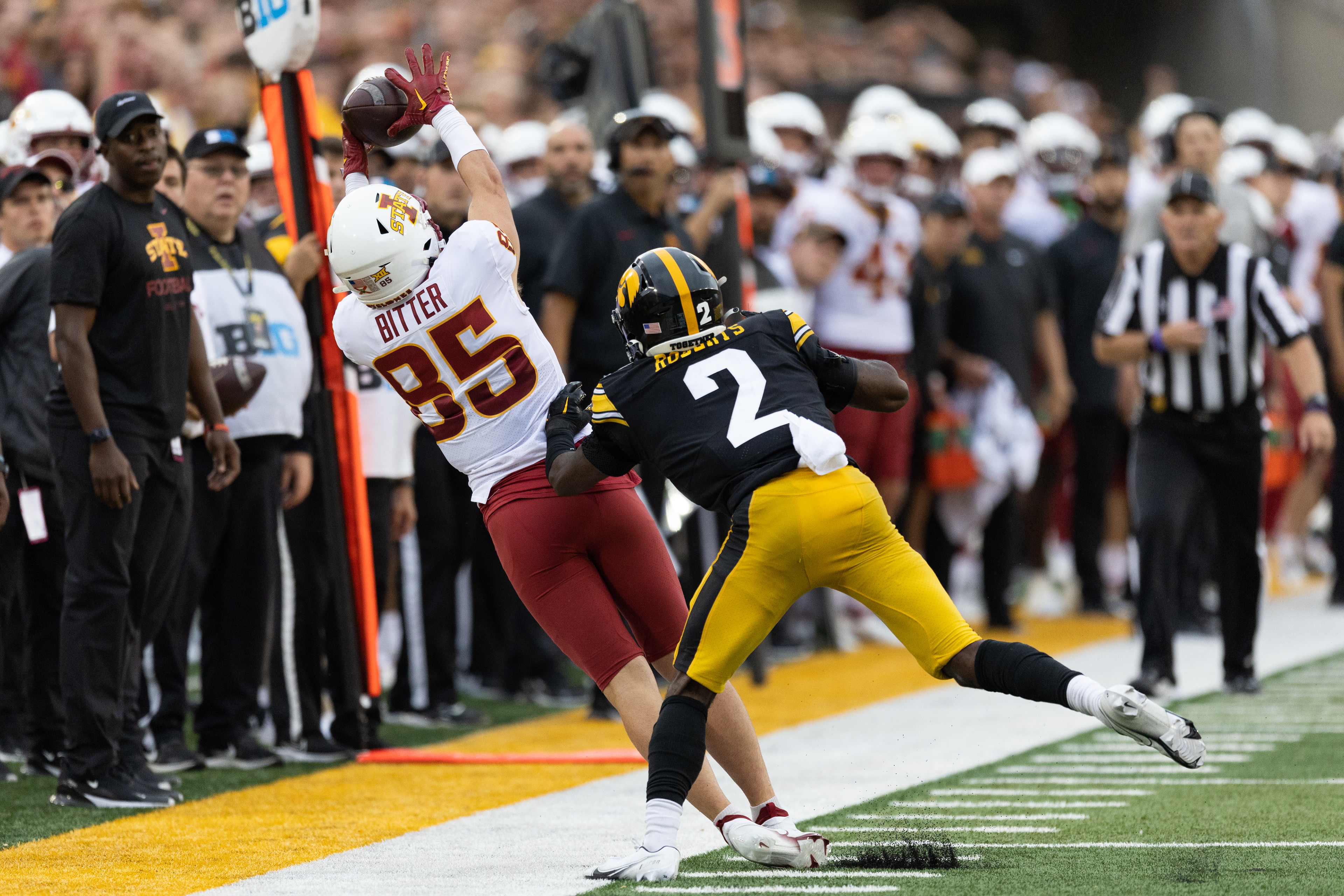 Iowa State Cyclones wide receiver Aidan Bitter (85) catches a pass along the sideline during a NCAA football game between the Iowa Hawkeyes and the Iowa State Cyclones at Kinnick Stadium in Iowa City, Iowa on Saturday, Sept. 10, 2022.