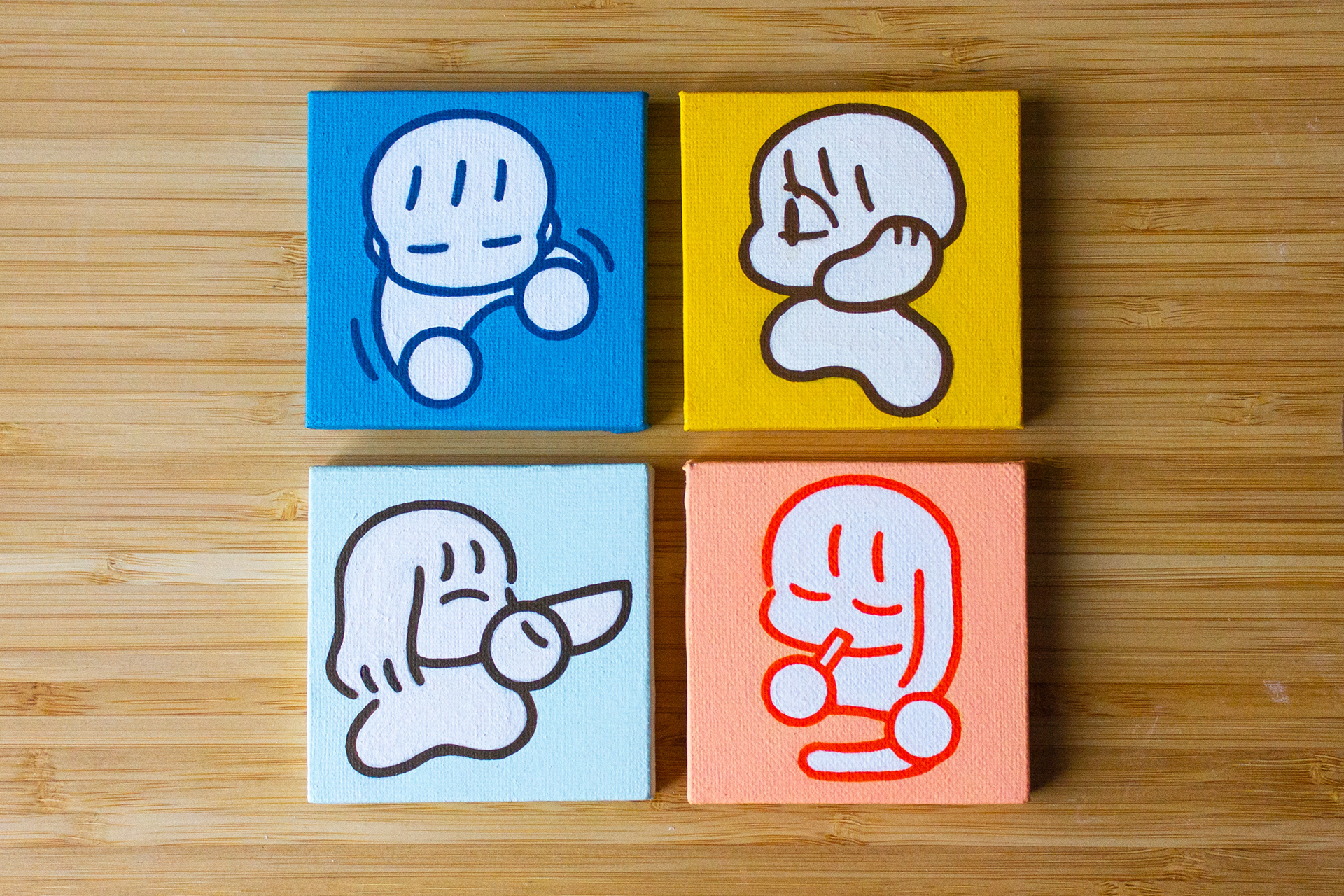 「作るひと」 「聞くひと」 「飲むひと」 「食べるひと」 <サイズ>70mm×70mm×10mm <使用画材>ミニキャンバス、アクリルガッシュ、ジェッソ