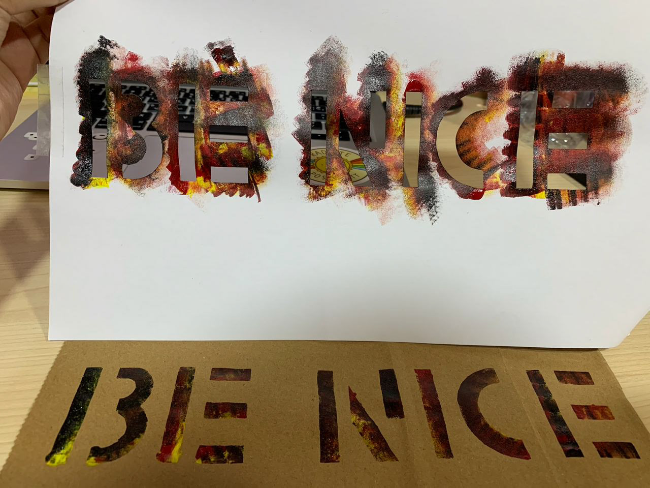 Here I'm trying the stencil in a paper bag