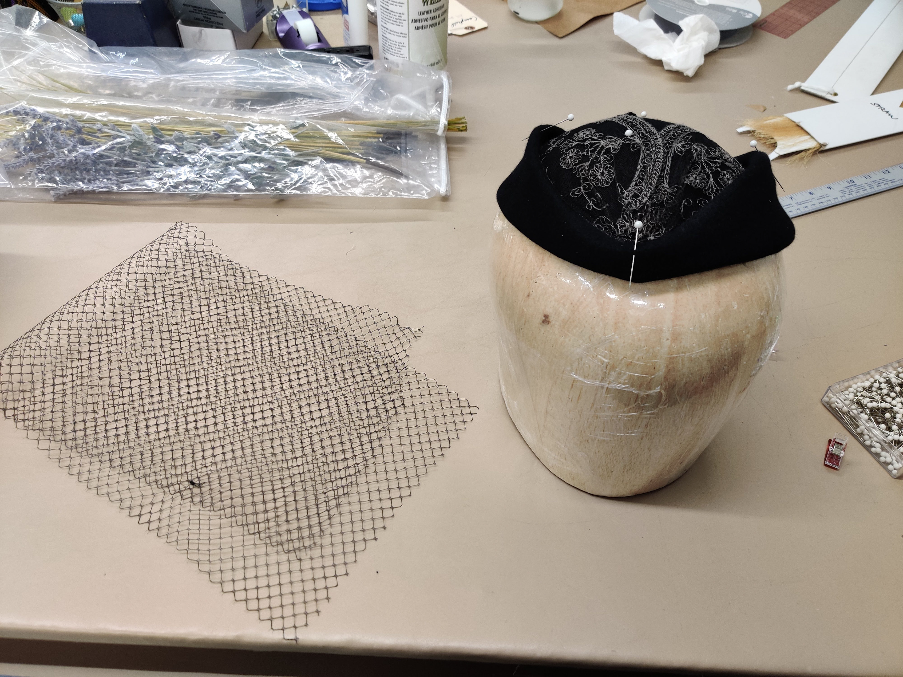 Progress Photo of Marcellina's hat preparing the vieling