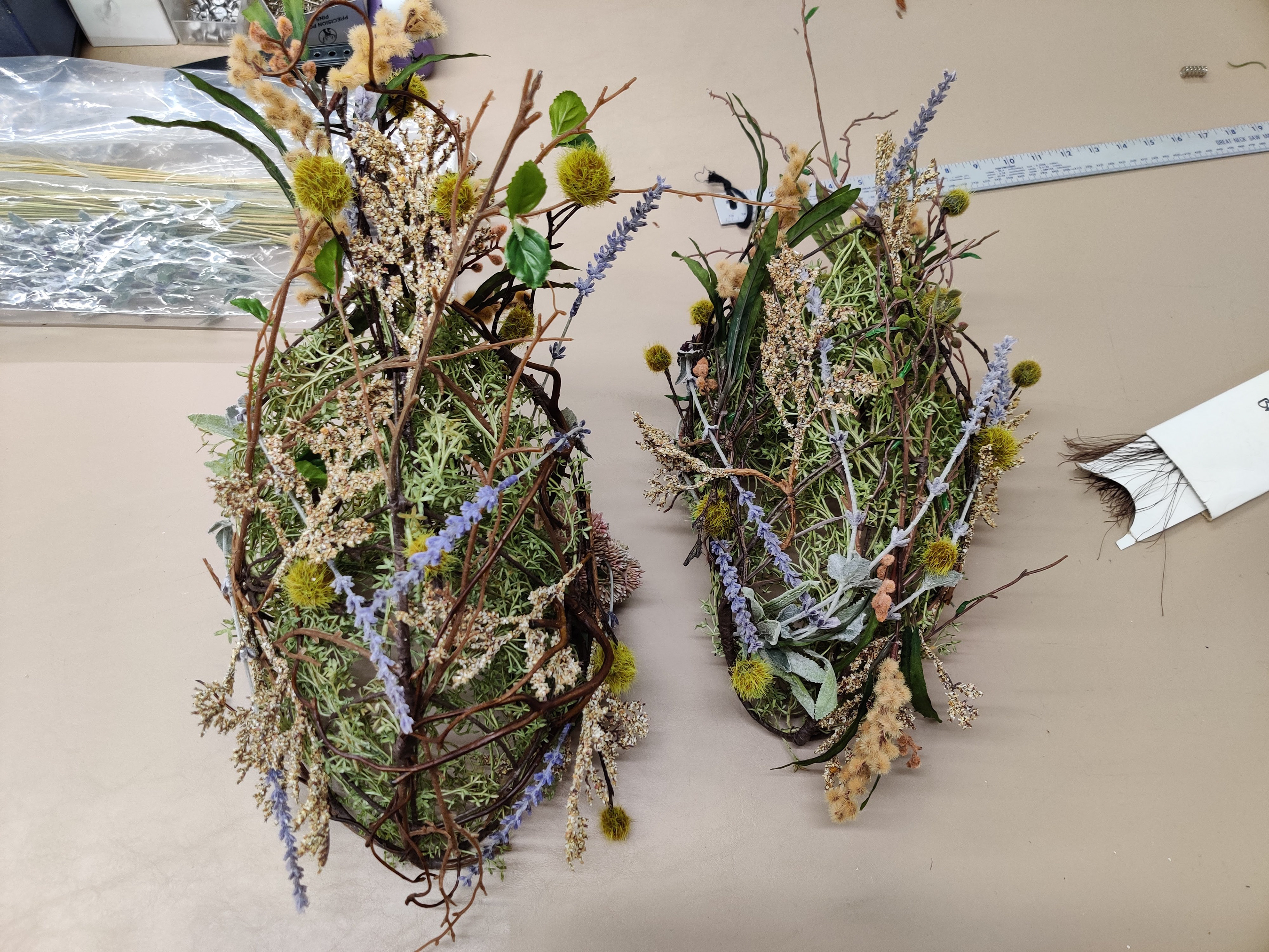 Harvest Headdress all flowers glued for added strength then hand stitched to wire and floral tape base with moss added as filer