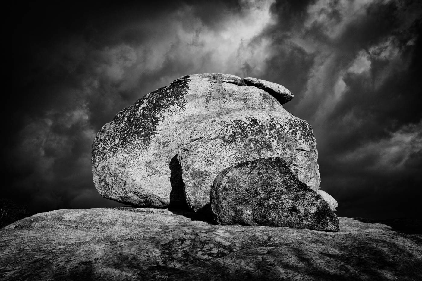 Storm clouds with boulders near summit of Old Rag Mountain