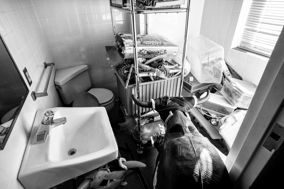 Broken bathroom being used for closet storage.