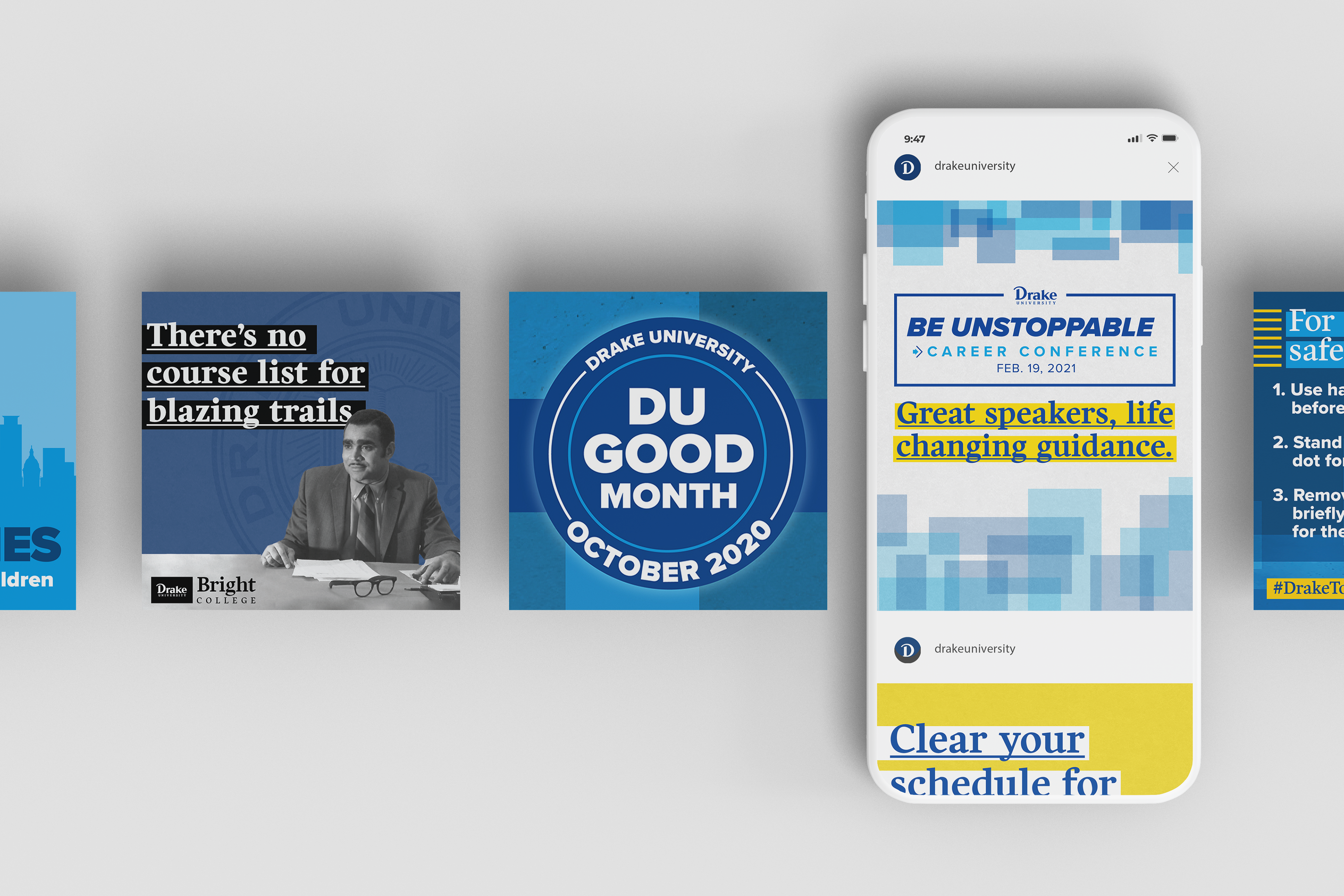 Drake University social media content I designed, 2020-21.