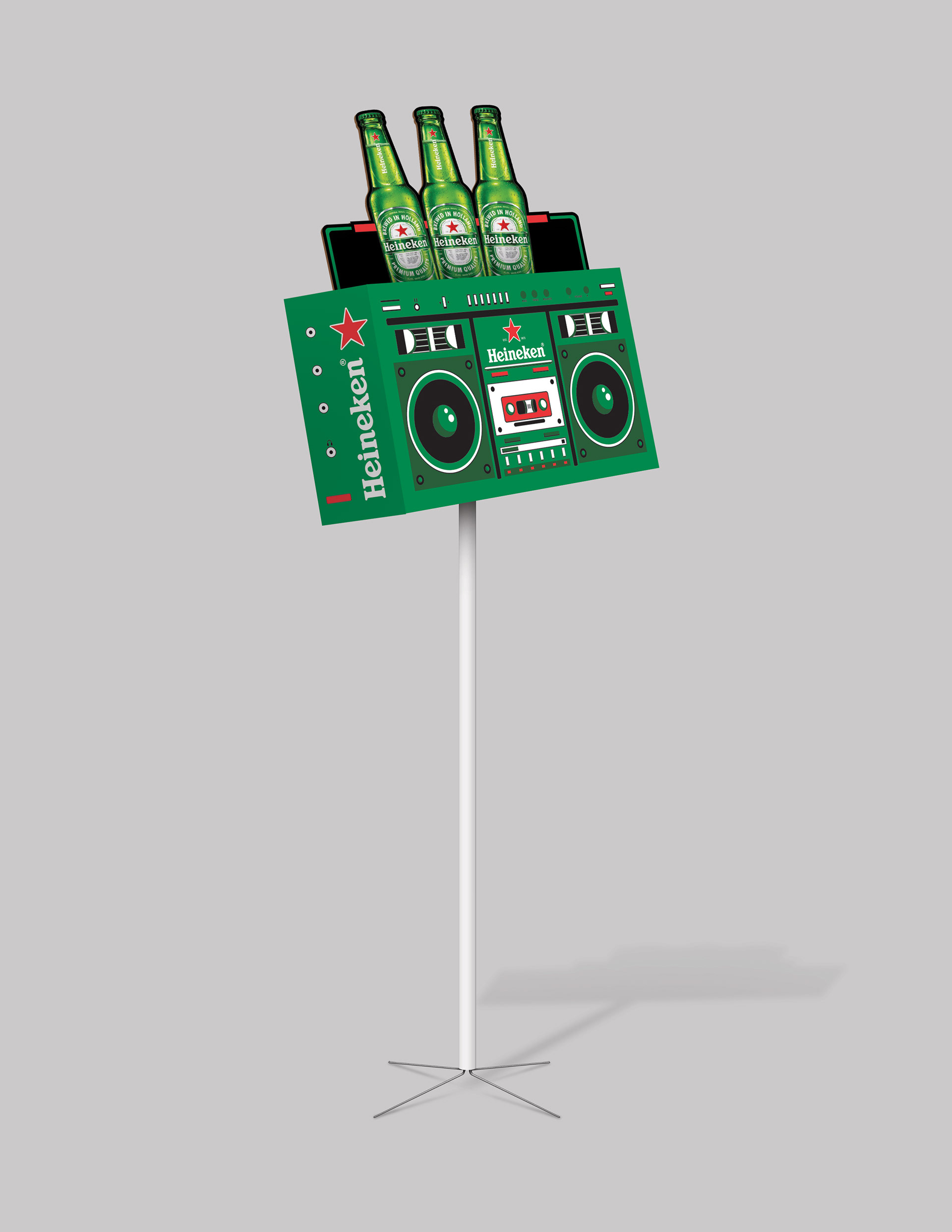 Heineken Boombox Pole Topper. Made from an existing die. Heineken logo and bottle image provided by the customer.