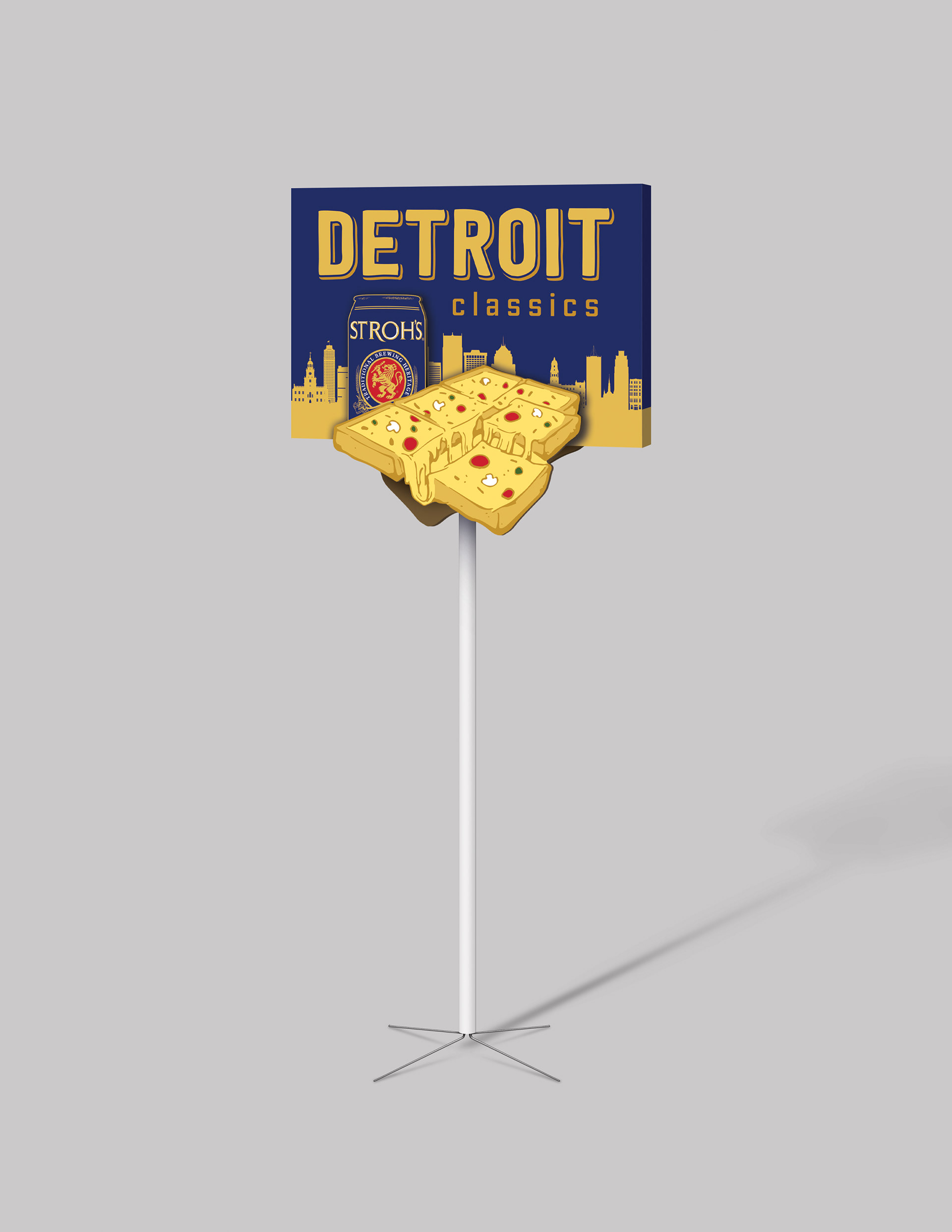 Stroh's Detroit Classics Pizza Pole Topper. Made with a new die. Logos, city, and pizza images provided by the customer.