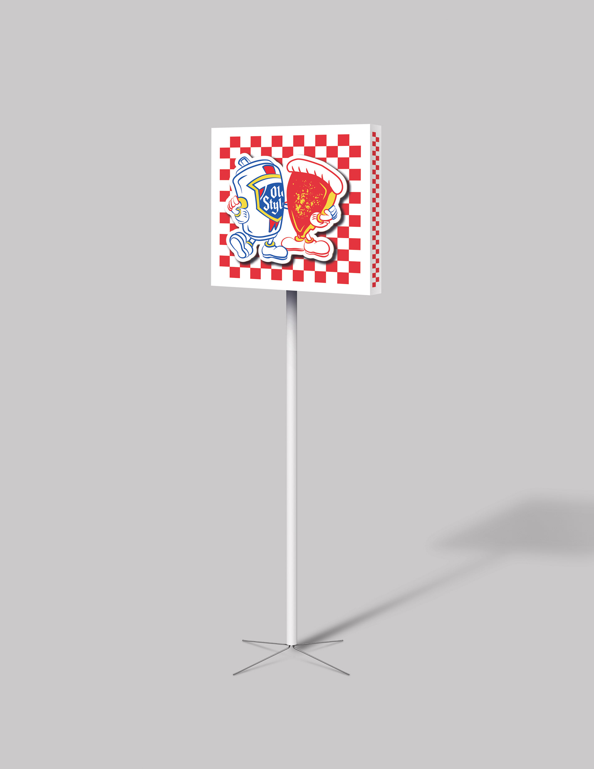 Old Style Pizza Box Pole Topper. Made with a new die. Logo and pizza characters provided by the customer.