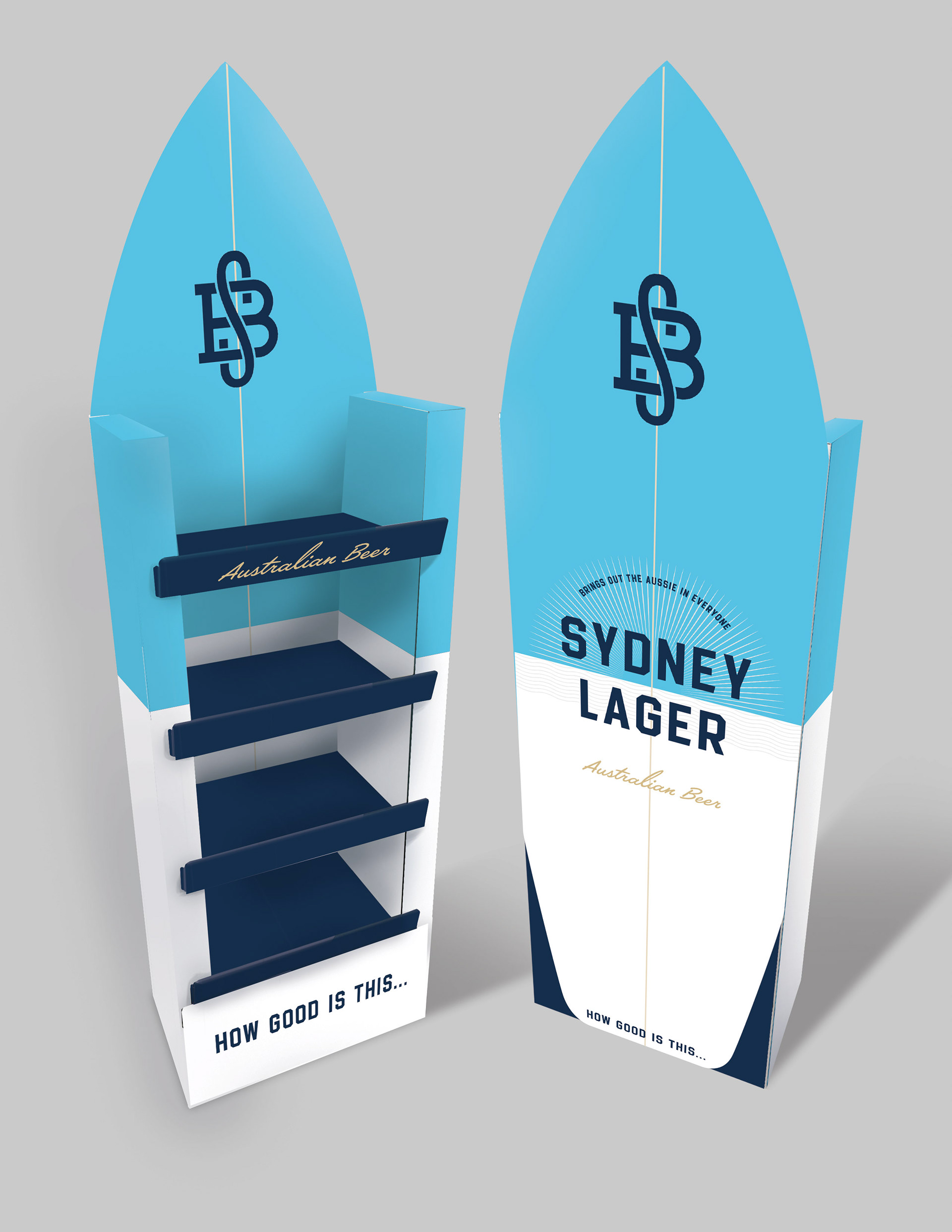 Sydney Lager Surfboard Shelf Display. Made from an adjusted die. Logos and text provided by the customer.