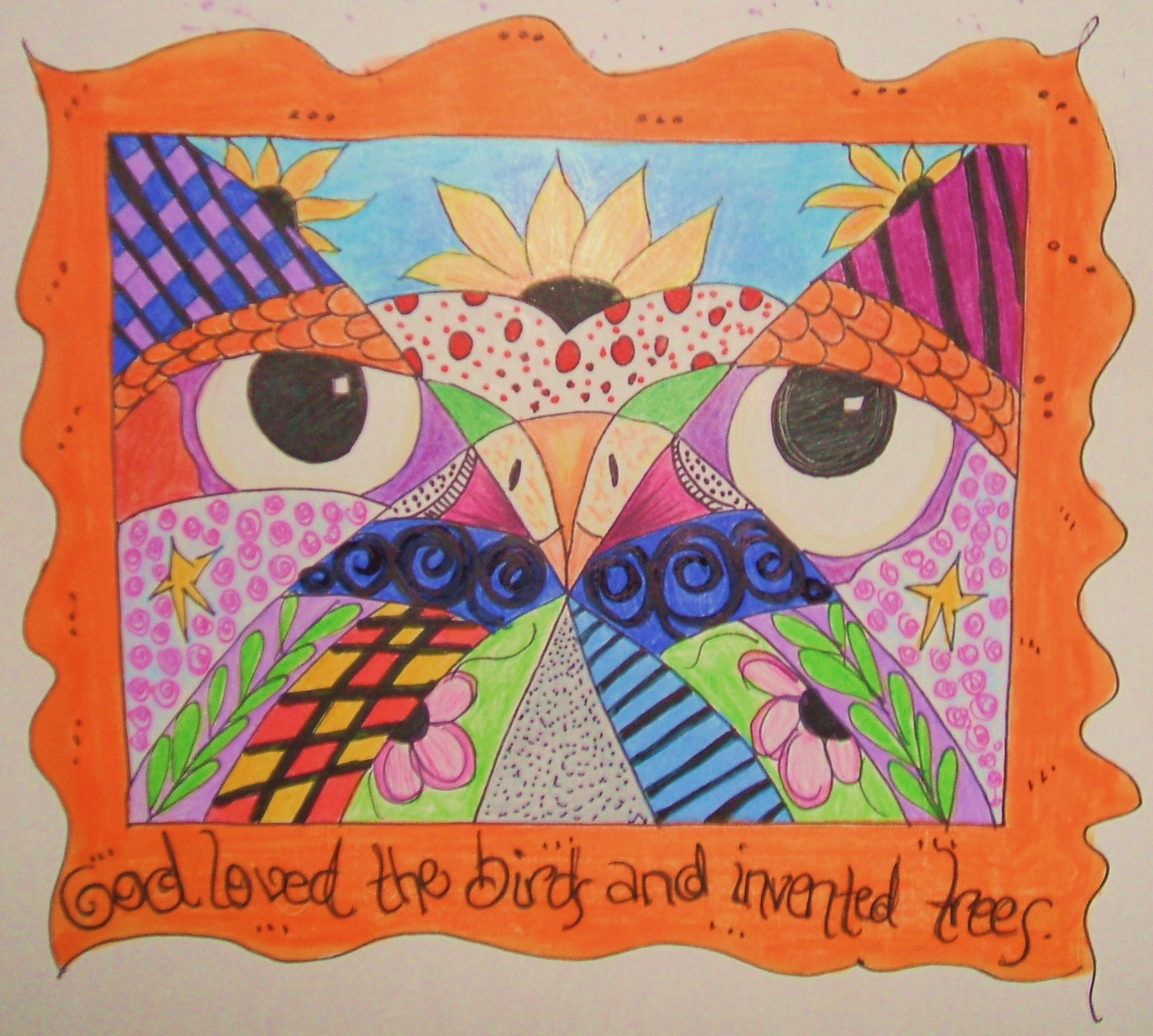 Mosaic Bird - colored pencils and ink
