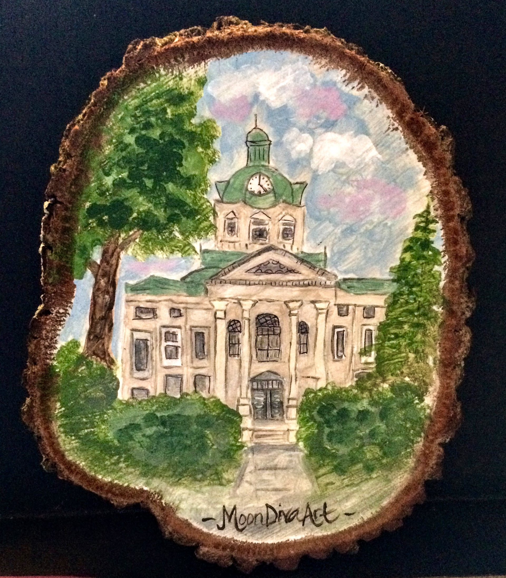Marion Co. Courthouse on stump - acrylic paint on stump from tree cut down at the courthouse