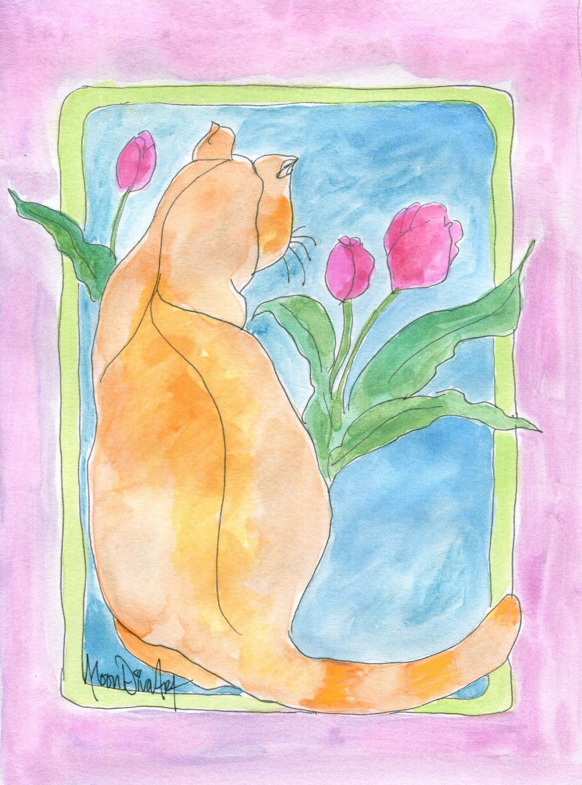 Cat with Flowers - watercolor