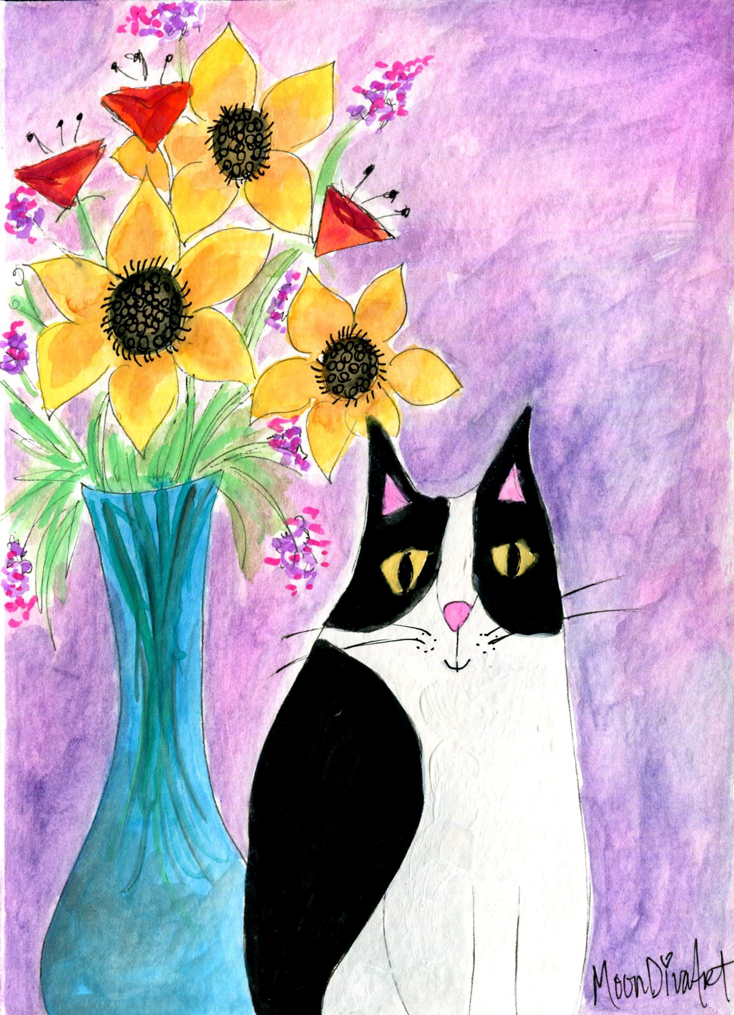 Cat with Flowers - watercolor