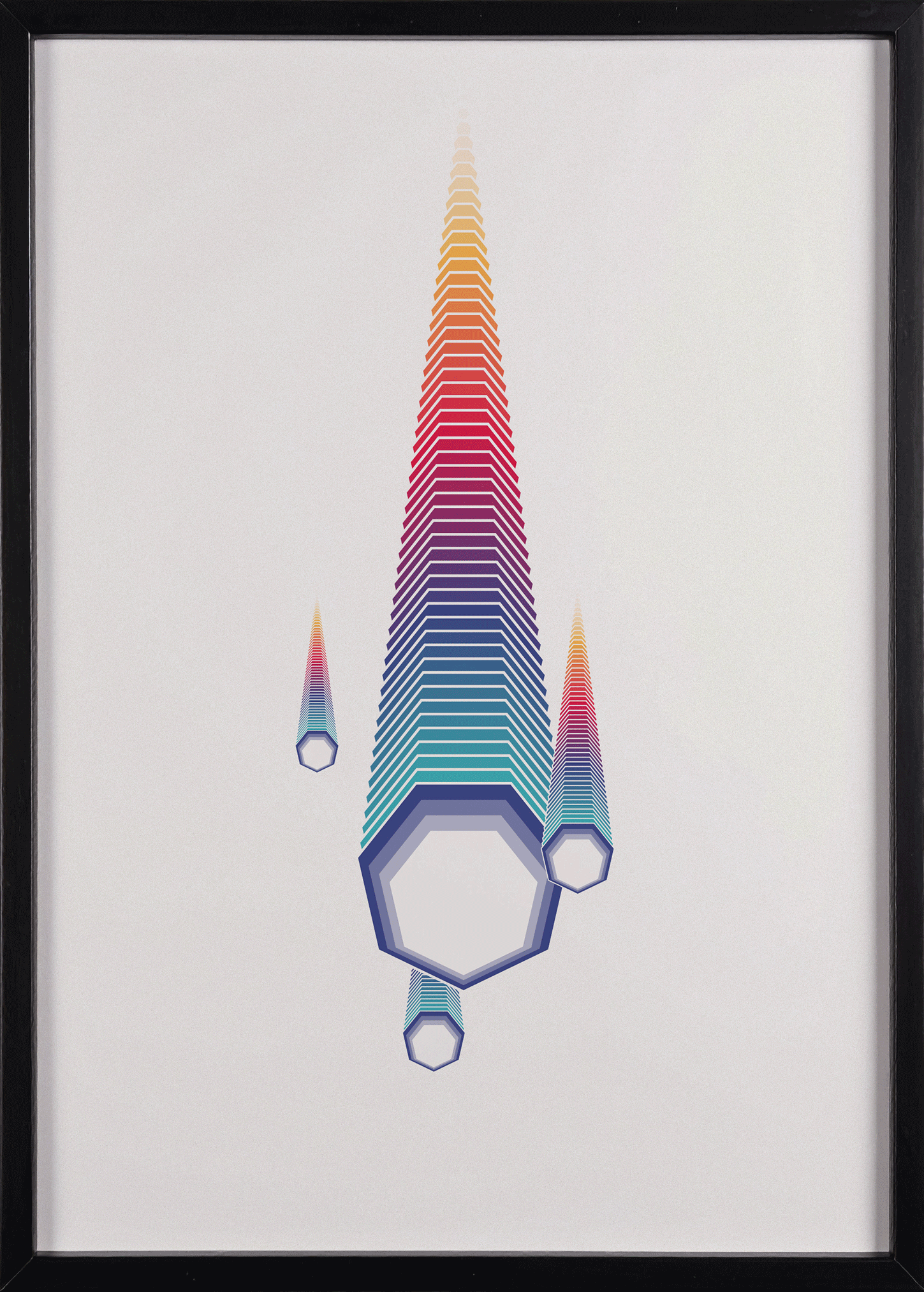 Animated GIF showcasing 'The Descent' print in black, white and natural timber frames.