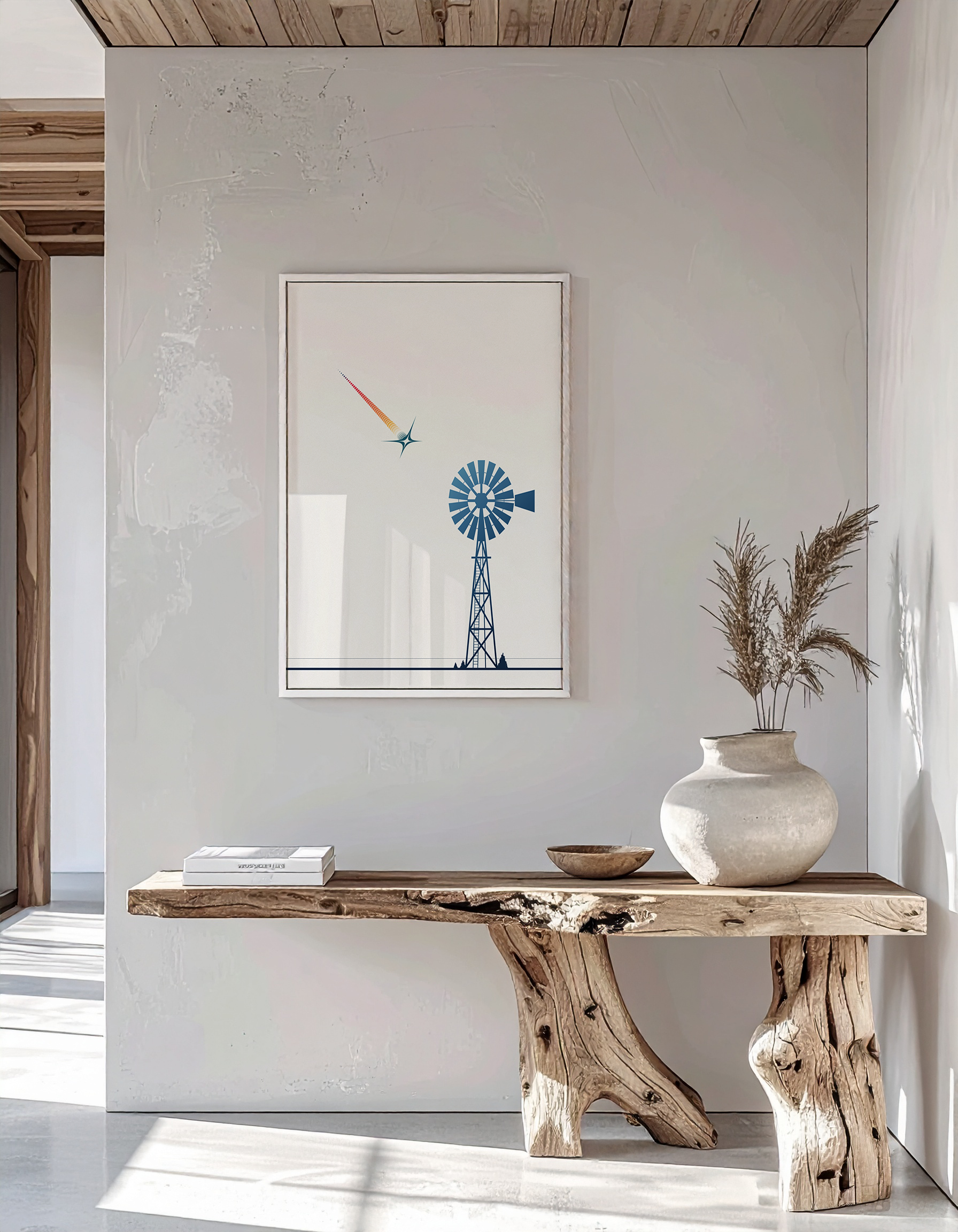 High-end interior mock-up of the 'Stillness (Before the Spark) ' print in a white frame on a textured wall and wooden bench.