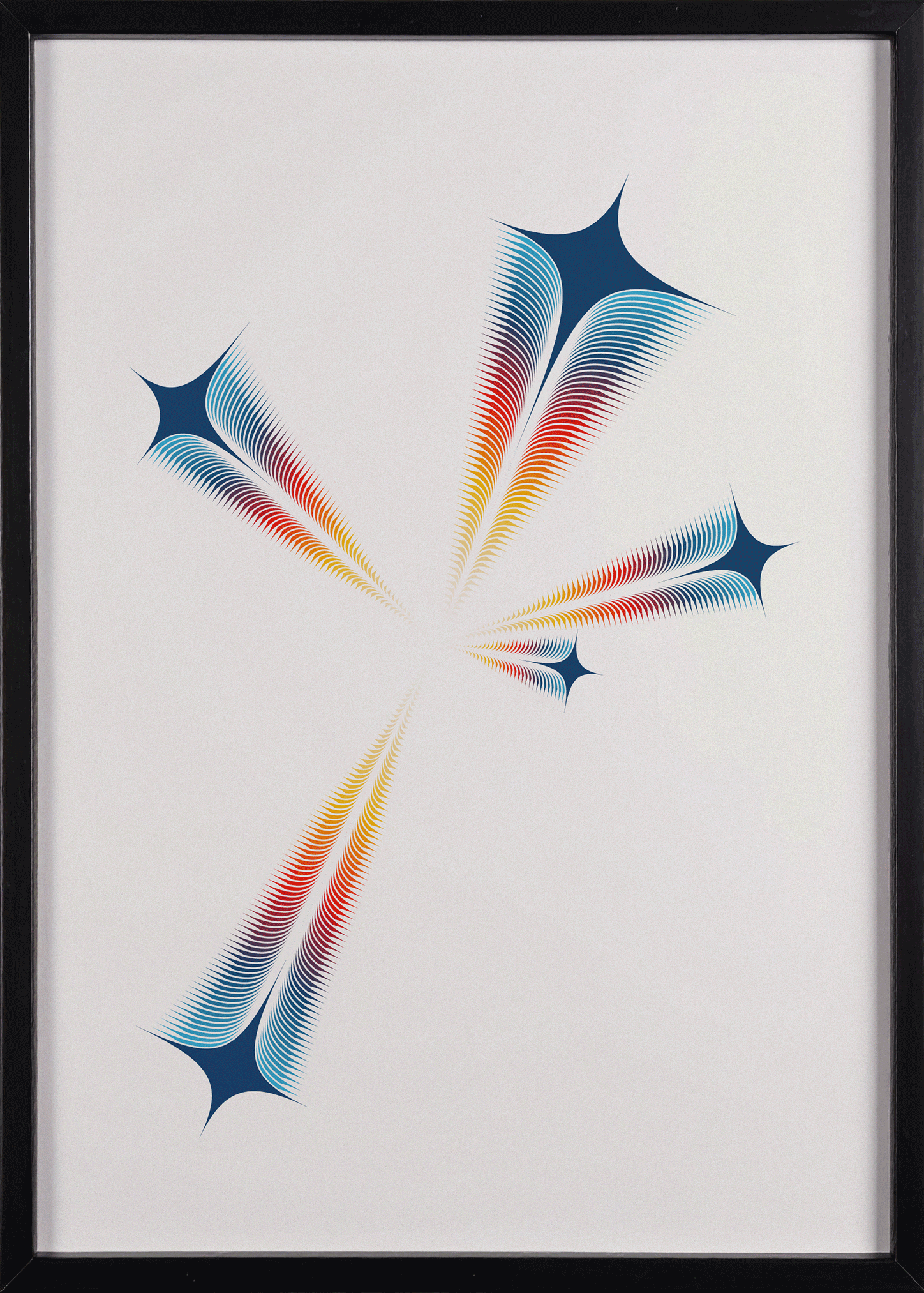 Animated GIF showcasing 'The Burst of Destiny' print in black, white and natural timber frames.