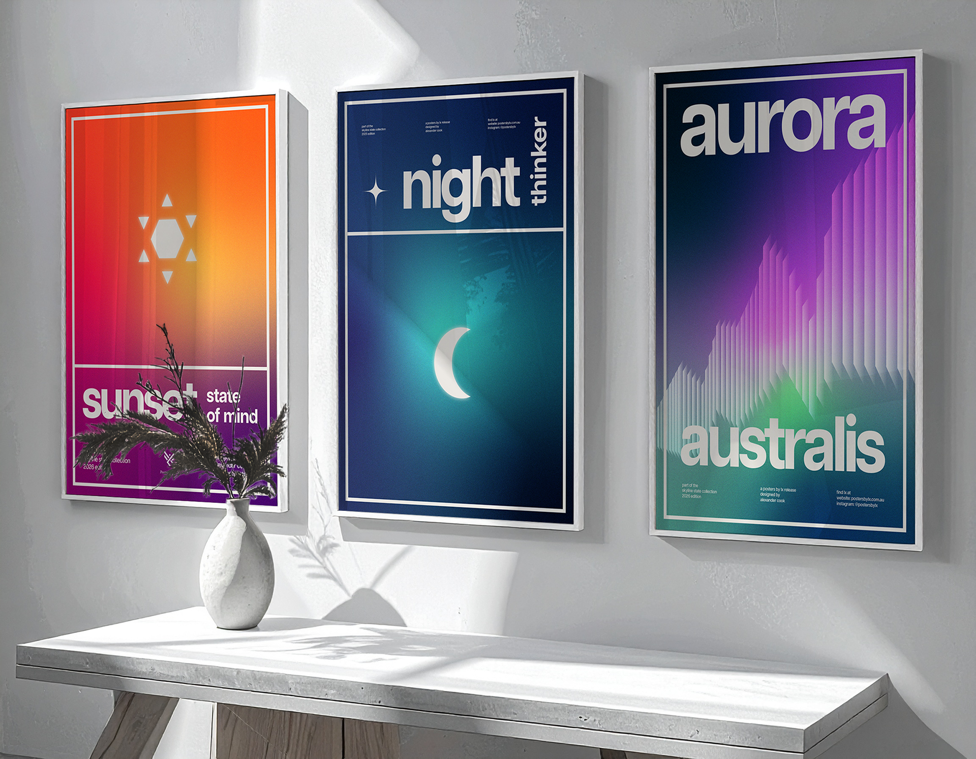 Three framed geometric art prints from the 'Skyline State' collection: Sunset State of Mind, Night Thinker, and Aurora Australis, displayed together.