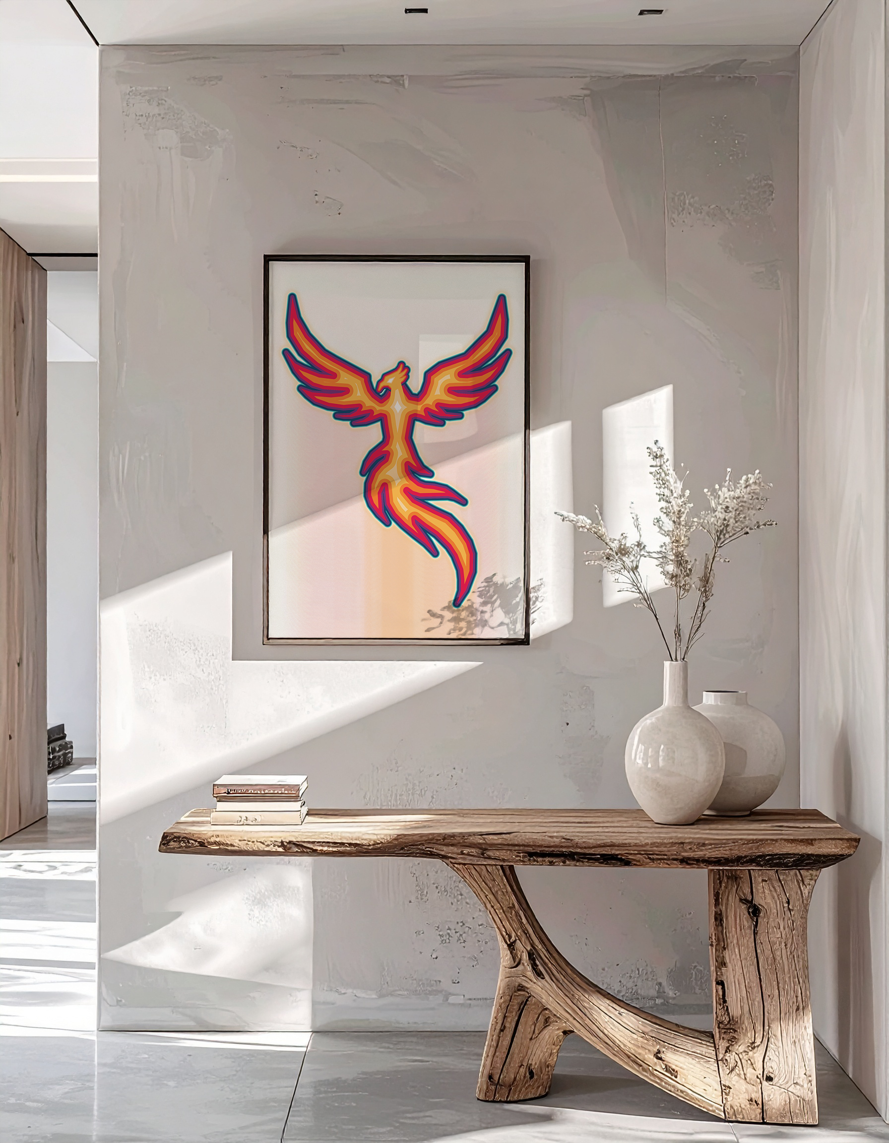 High-end interior mock-up of the 'Phoenix Rex' print in a black frame on a textured wall and wooden bench.