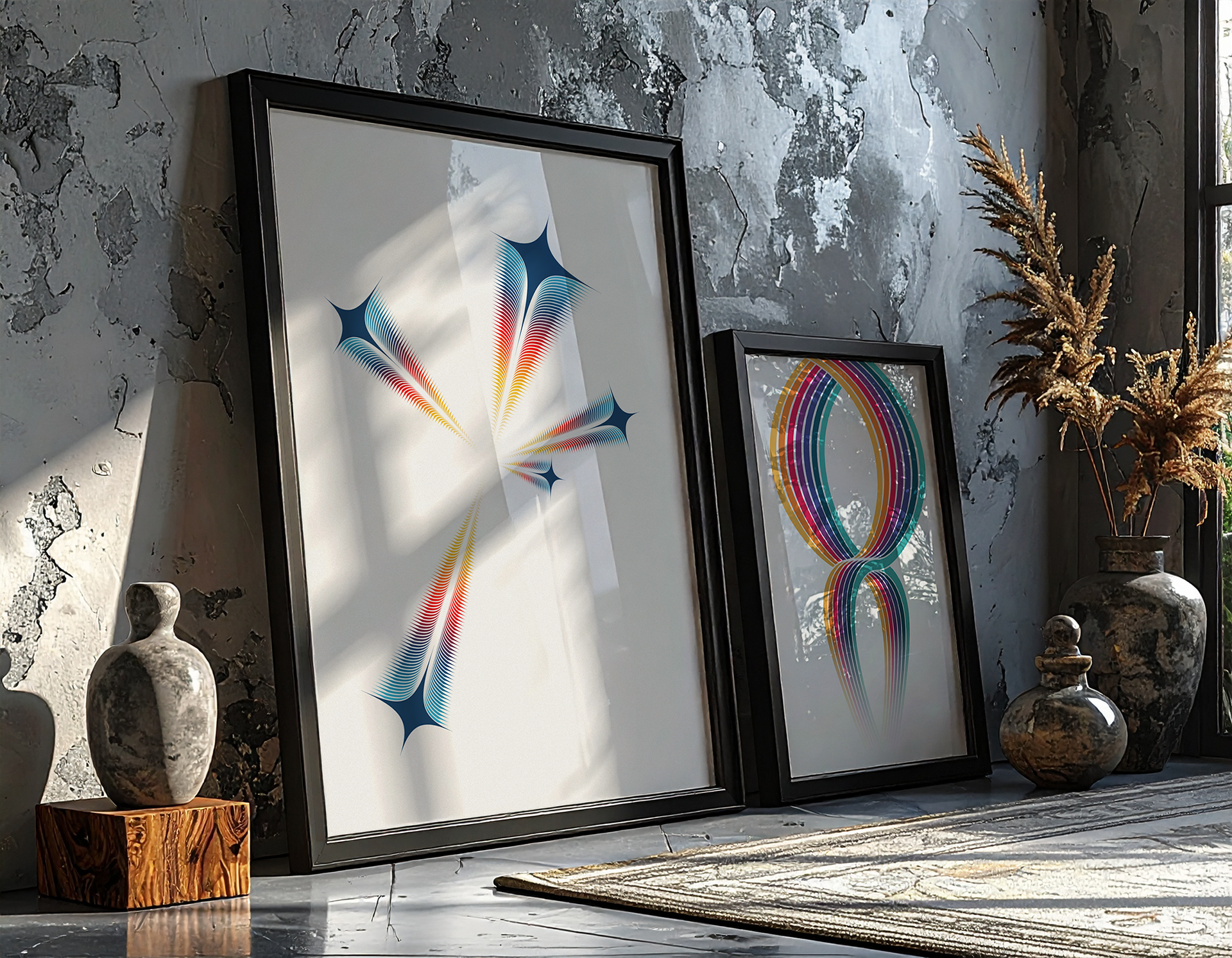 Two framed abstract geometric art prints from the 'Ascent to the Stars' collection displayed in an industrial interior setting with natural light.