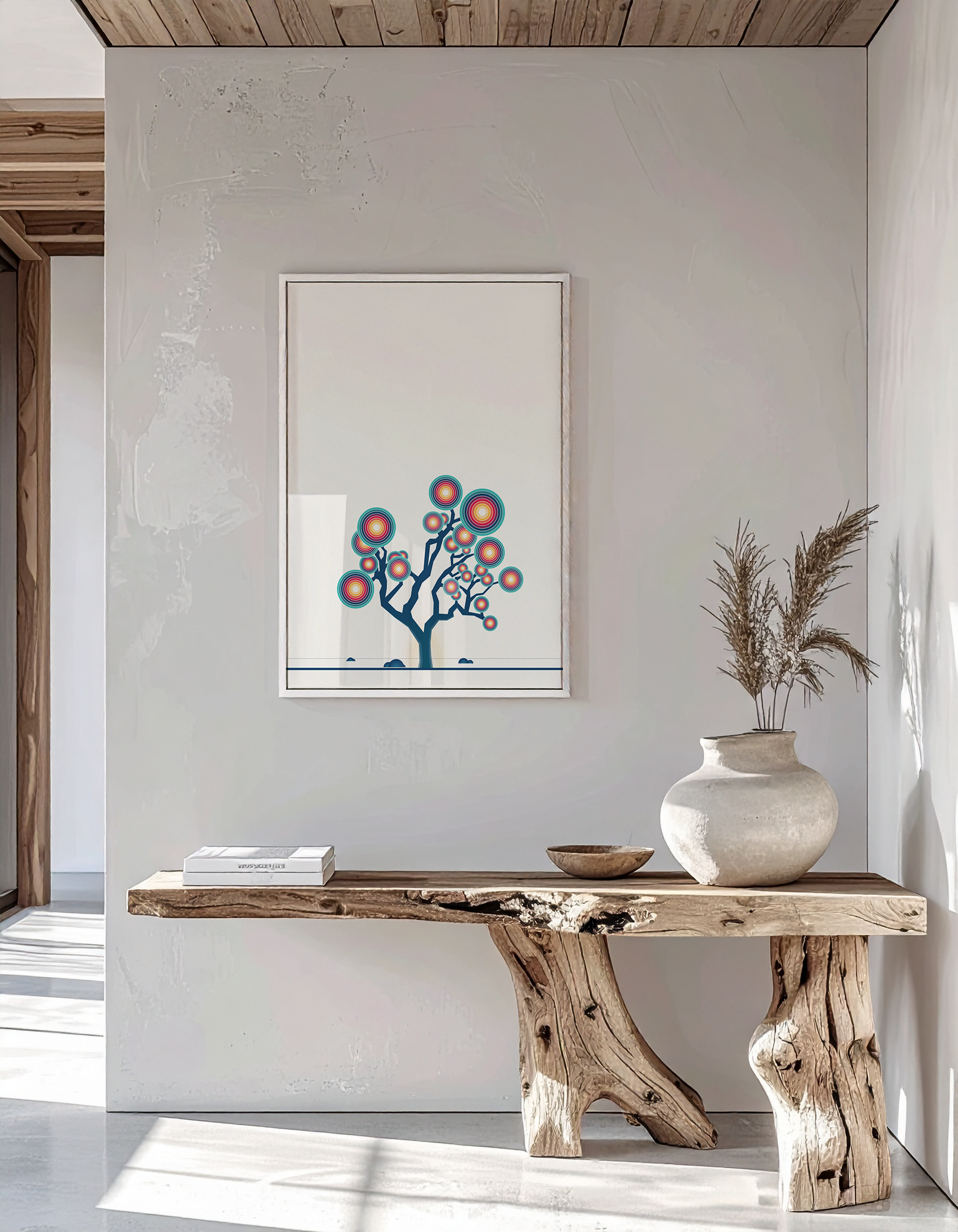 High-end interior mock-up of the 'Hakea's Embrace' print in a white frame on a textured wall and wooden bench.