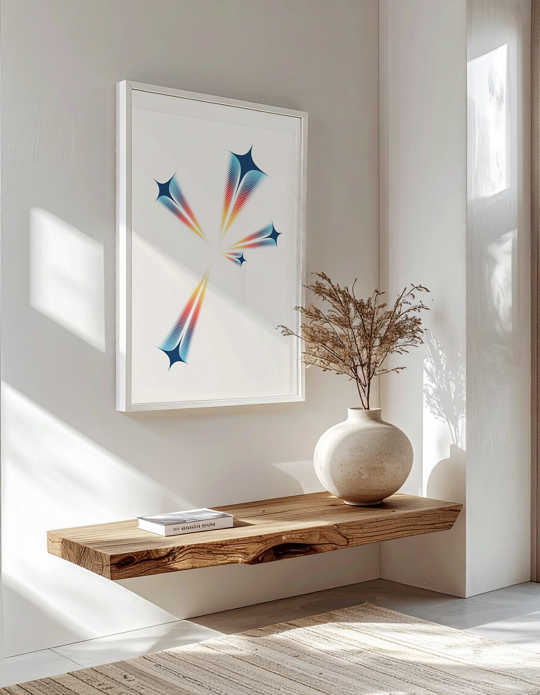 Luxury interior mock-up of 'The Burst of Destiny' poster in a white frame, hanging above a rustic wooden floating shelf.