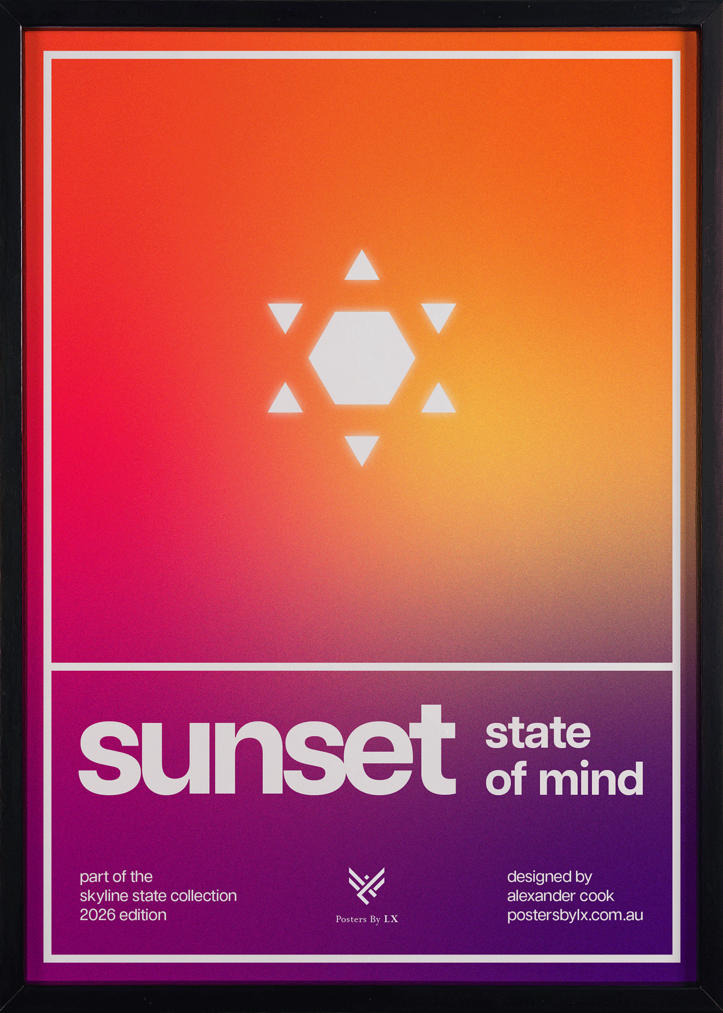 Animated GIF showcasing the 'Sunset State of Mind' print in black, white and natural timber frames.