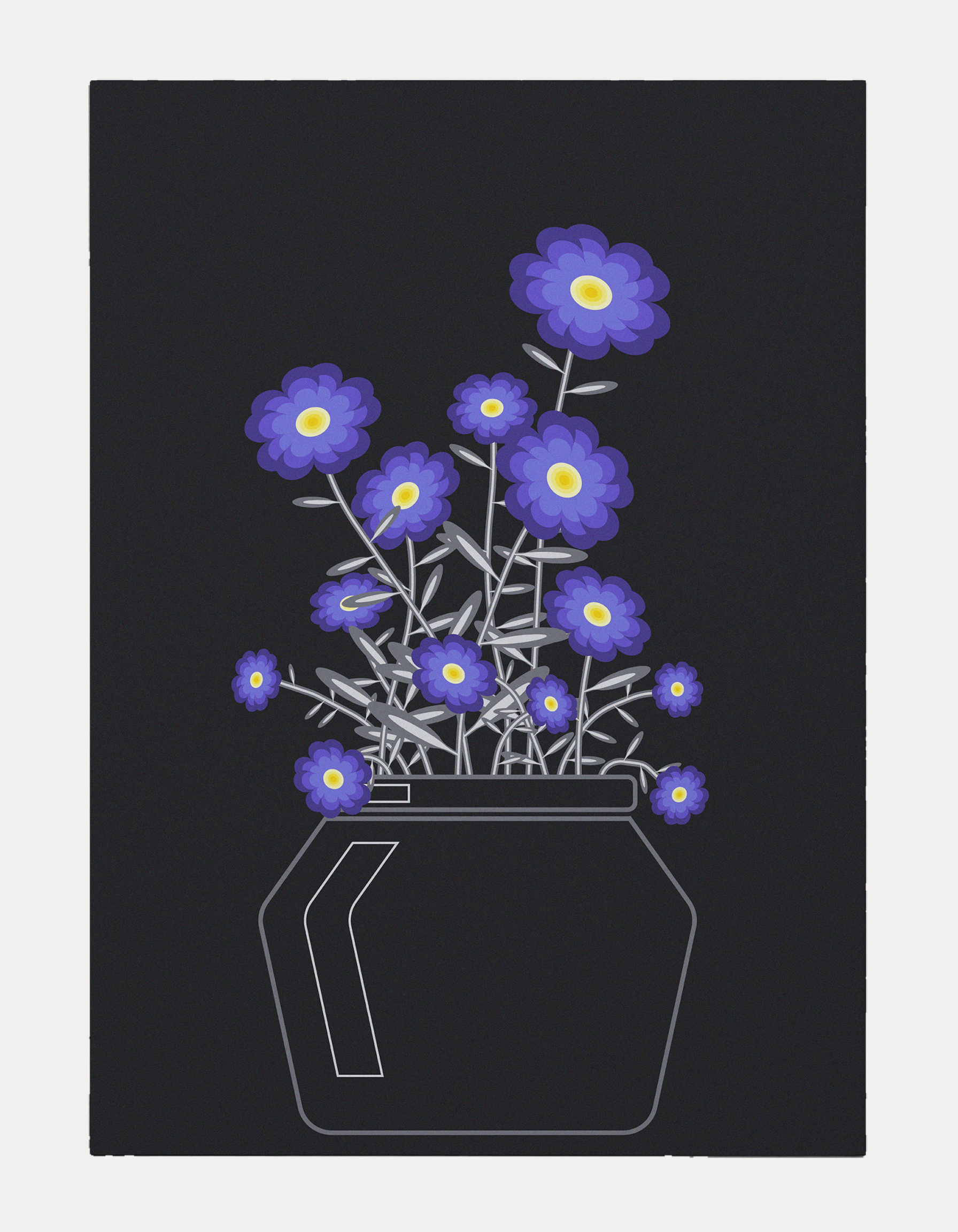 Graphic art print featuring a cluster of layered blue-violet flowers with bright yellow centers, arranged with silver-grey leaves above a minimalist outlined glass vase silhouette on a solid dark charcoal background.