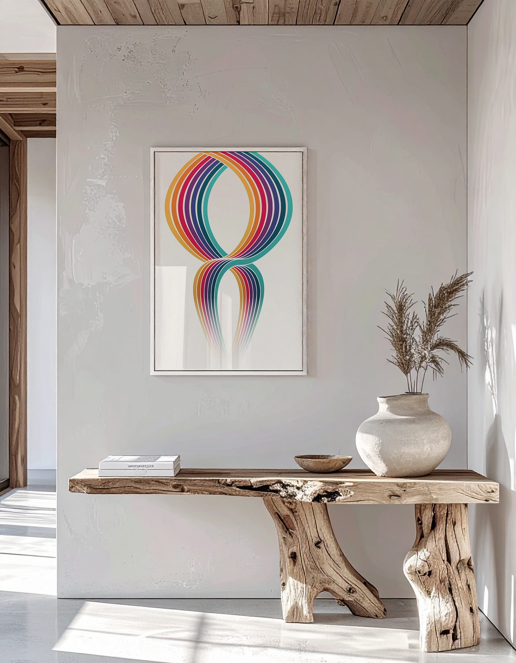 High-end interior mock-up of the 'Trailblazer' print in a white frame on a textured wall and wooden bench.