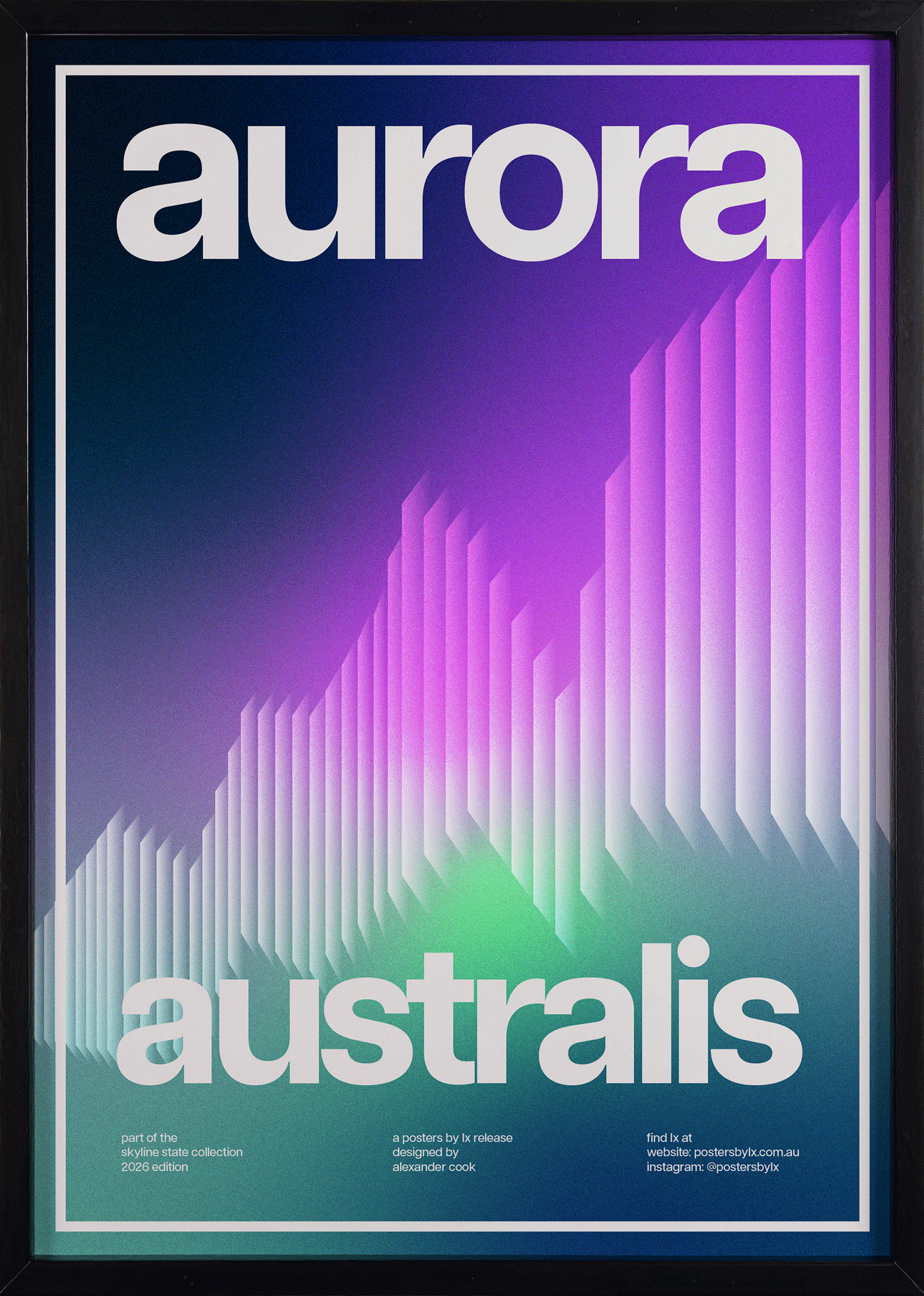Animated GIF showcasing the 'Aurora Australis' print in black, white and natural timber frames.