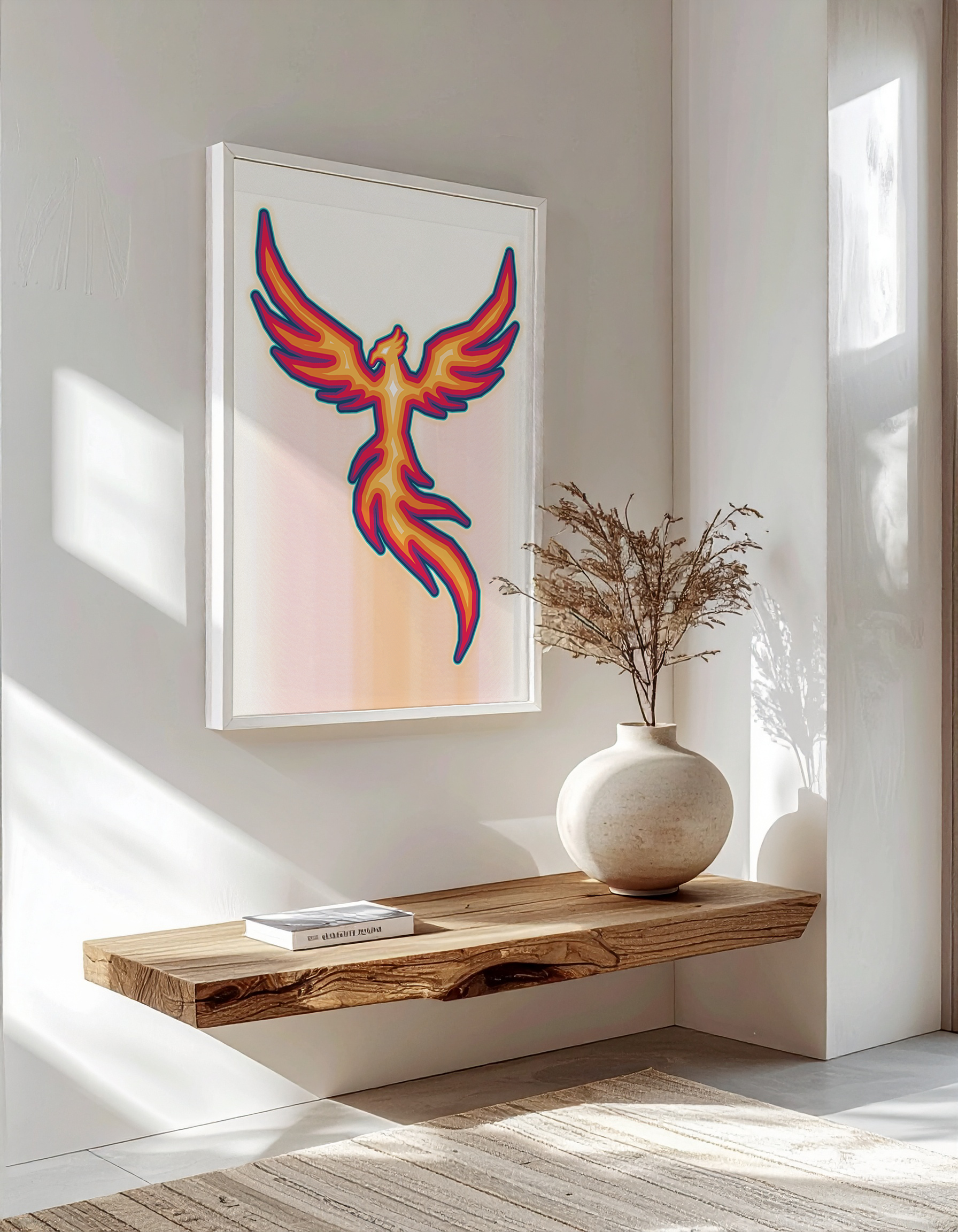 Luxury interior mock-up of the 'Phoenix Rex' poster in a white frame, hanging above a rustic wooden floating shelf.