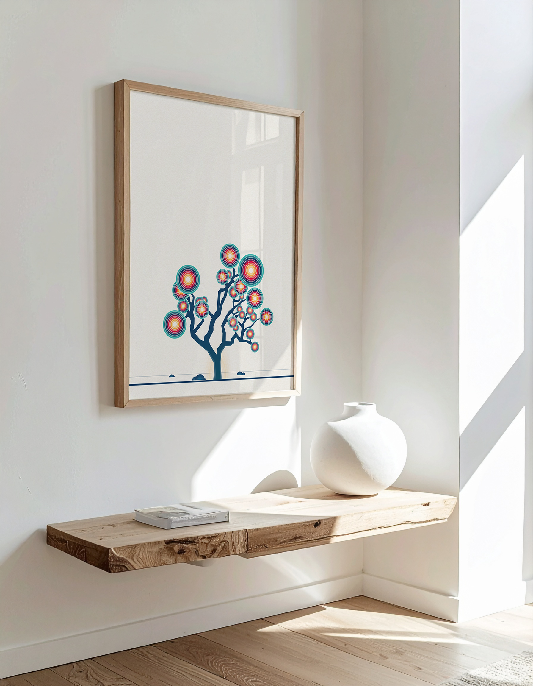Luxury interior mock-up of the 'Hakea's Embrace' poster in a natural timber frame, hanging above a rustic wooden floating shelf.