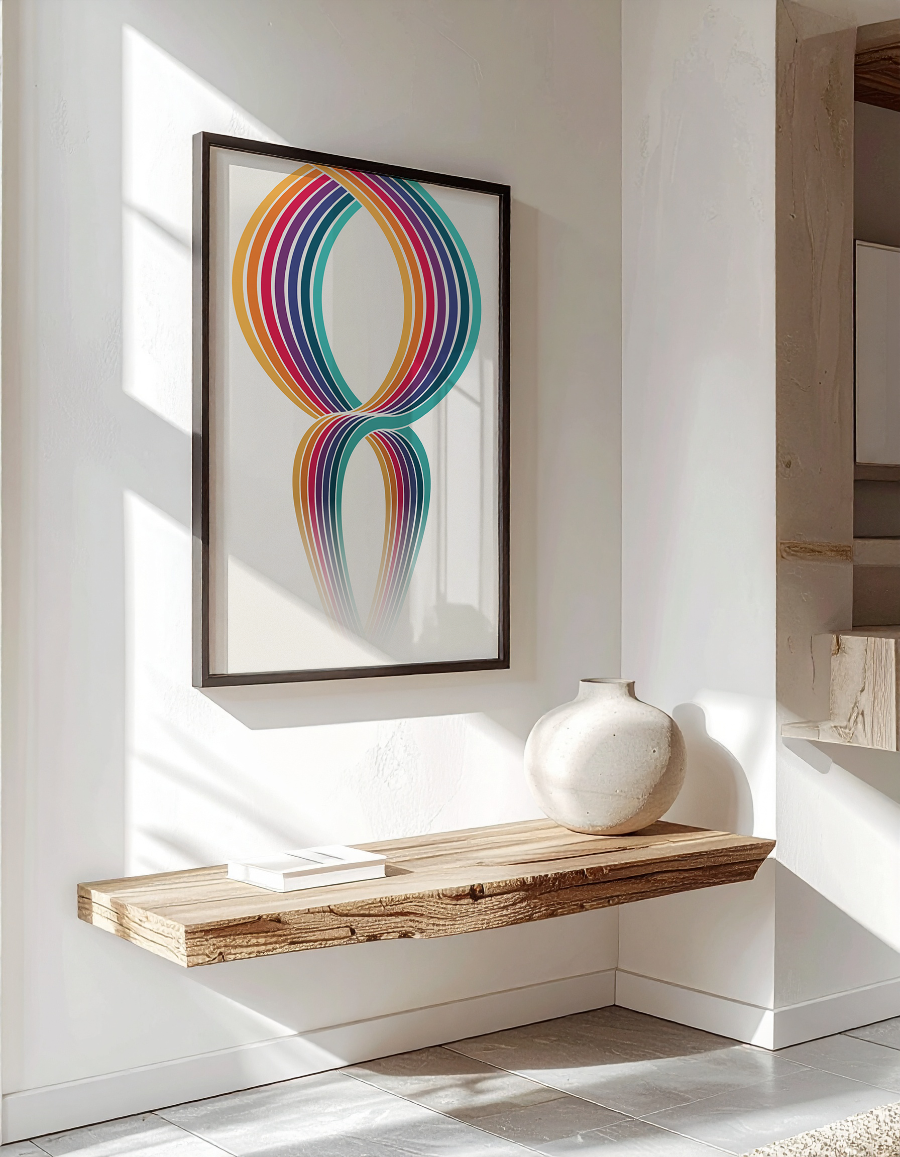 Luxury interior mock-up of the 'Trailblazer' poster in a black frame, hanging above a rustic wooden floating shelf.