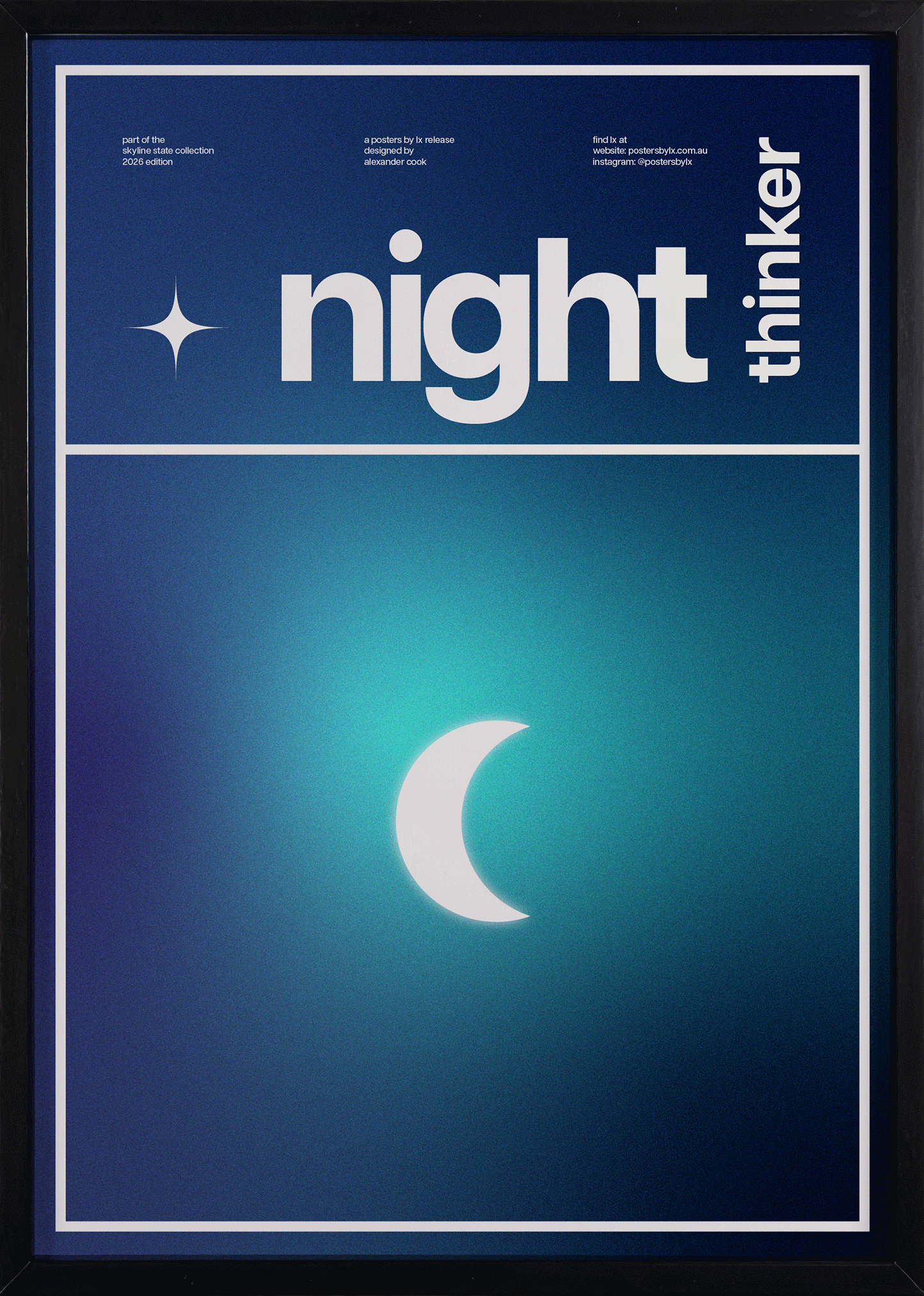 Animated GIF showcasing the 'Night Thinker' print in black, white and natural timber frames.