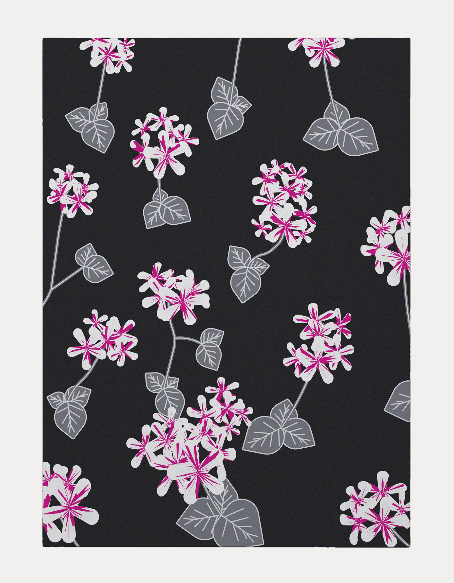 Patterned graphic art print featuring white five-petaled flowers with magenta-pink center stripes, scattered with silver-grey veined leaves across a solid dark charcoal background.