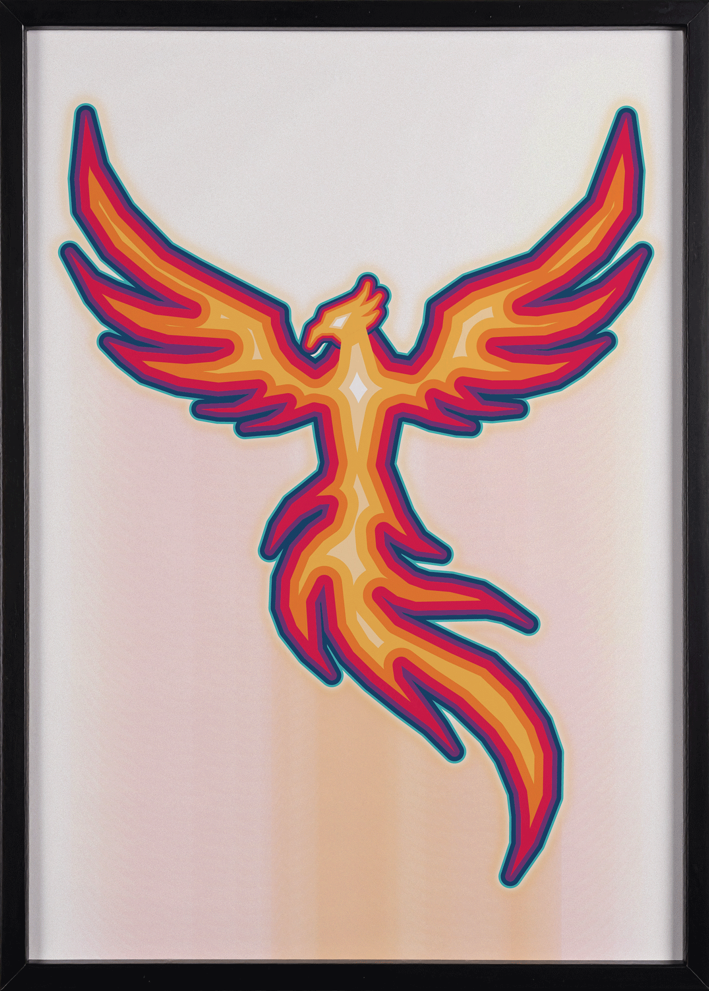 Animated GIF showcasing the 'Phoenix Rex' print in black, white and natural timber frames.
