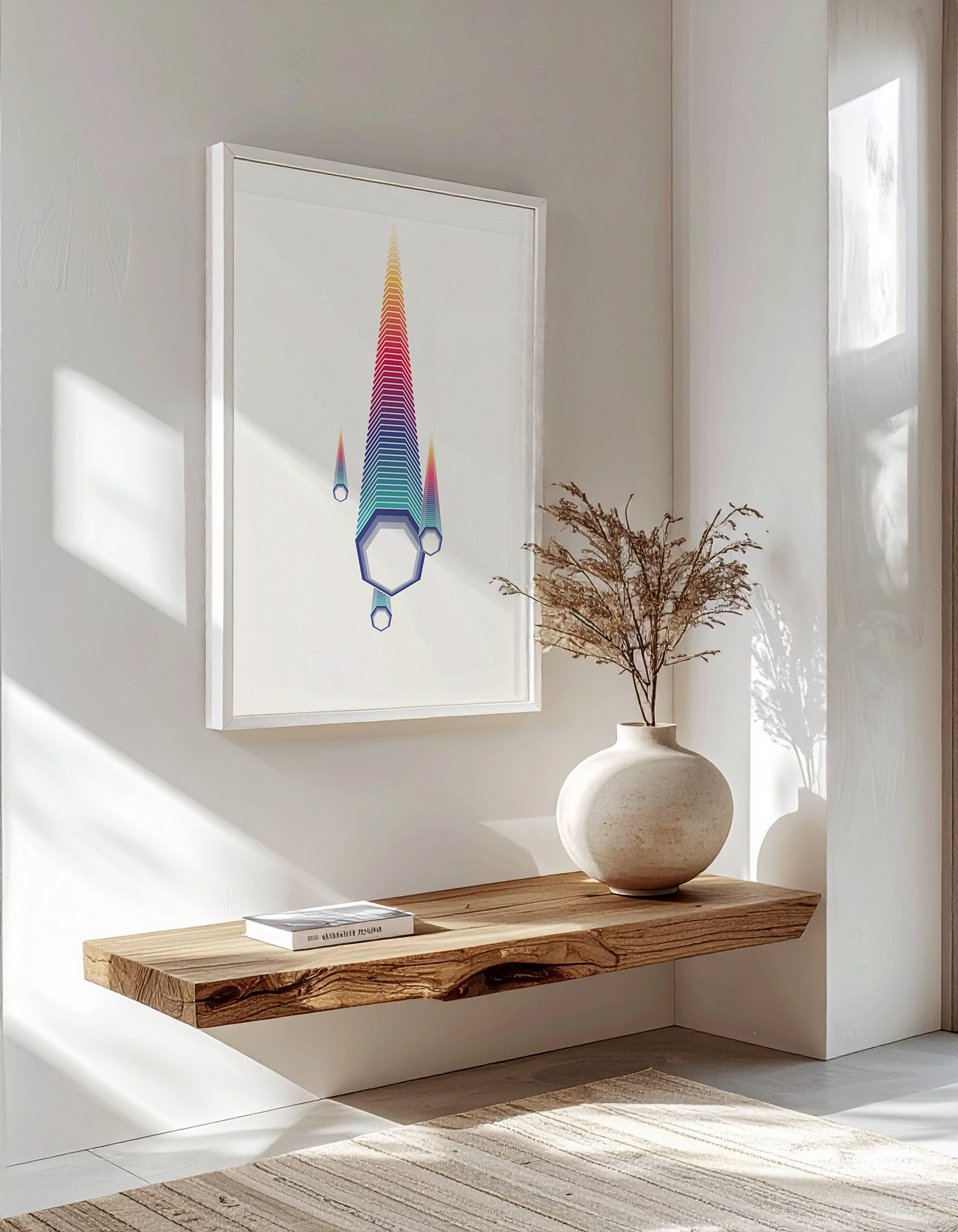 Luxury interior mock-up of 'The Descent' poster in a white frame, hanging above a rustic wooden floating shelf.