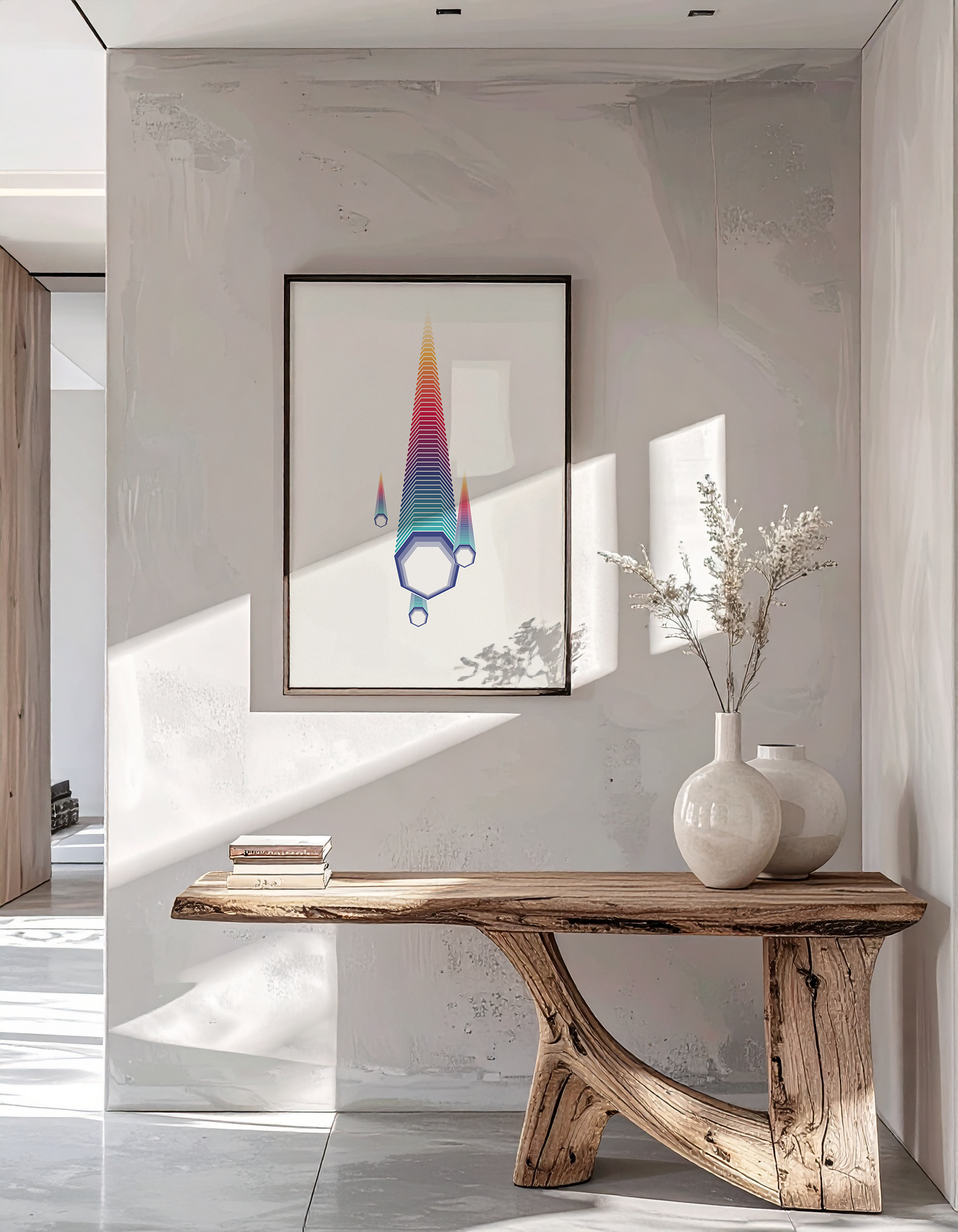 High-end interior mock-up of 'The Descent' print in a black frame on a textured wall and wooden bench.