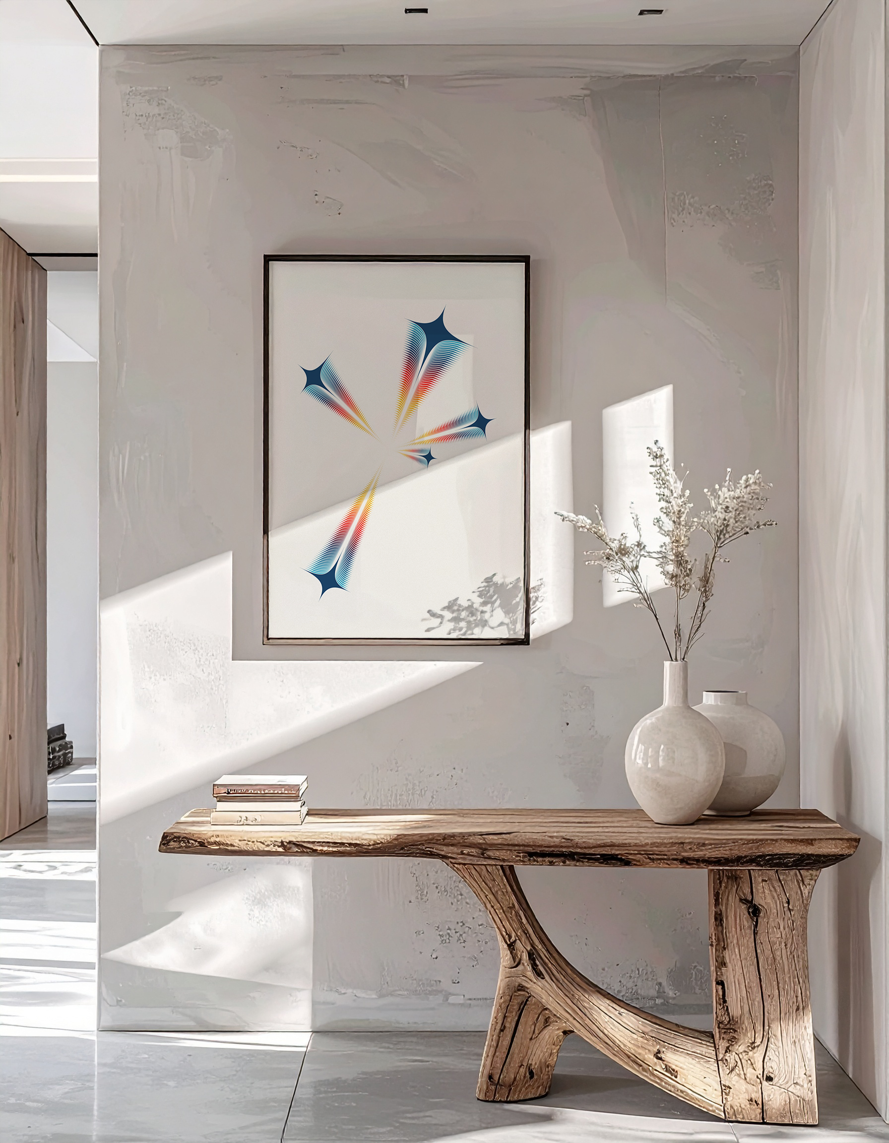High-end interior mock-up of 'The Burst of Destiny' print in a black frame on a textured wall and wooden bench.