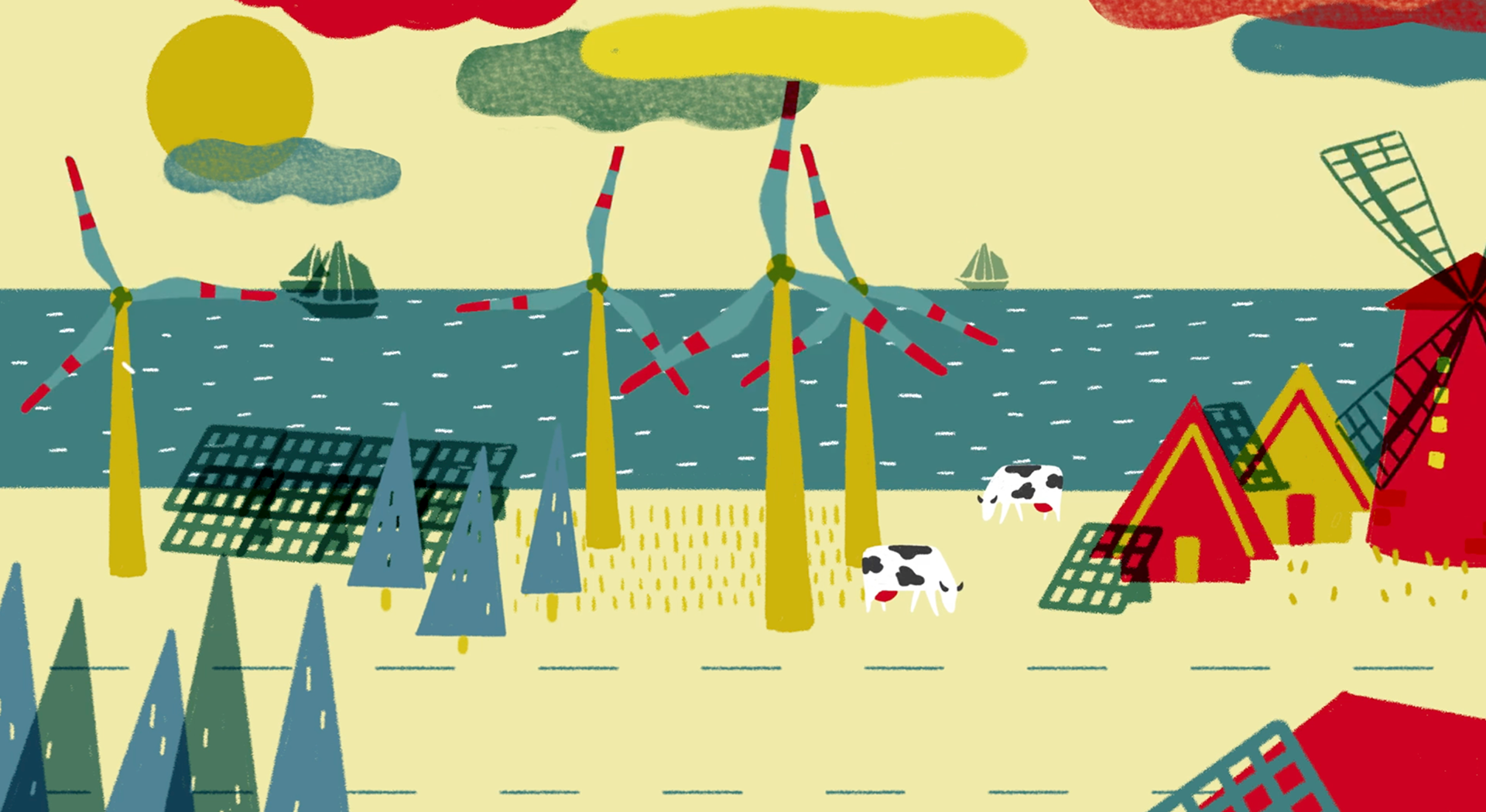 screenshot of our explainer for TU Berlin with cows, windmills and wind turbines