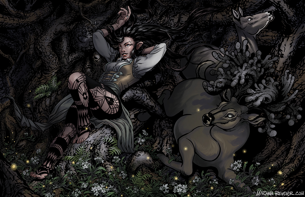Fireflies - An elven woman & enchanted deer in a dark forest filled with fireflies.