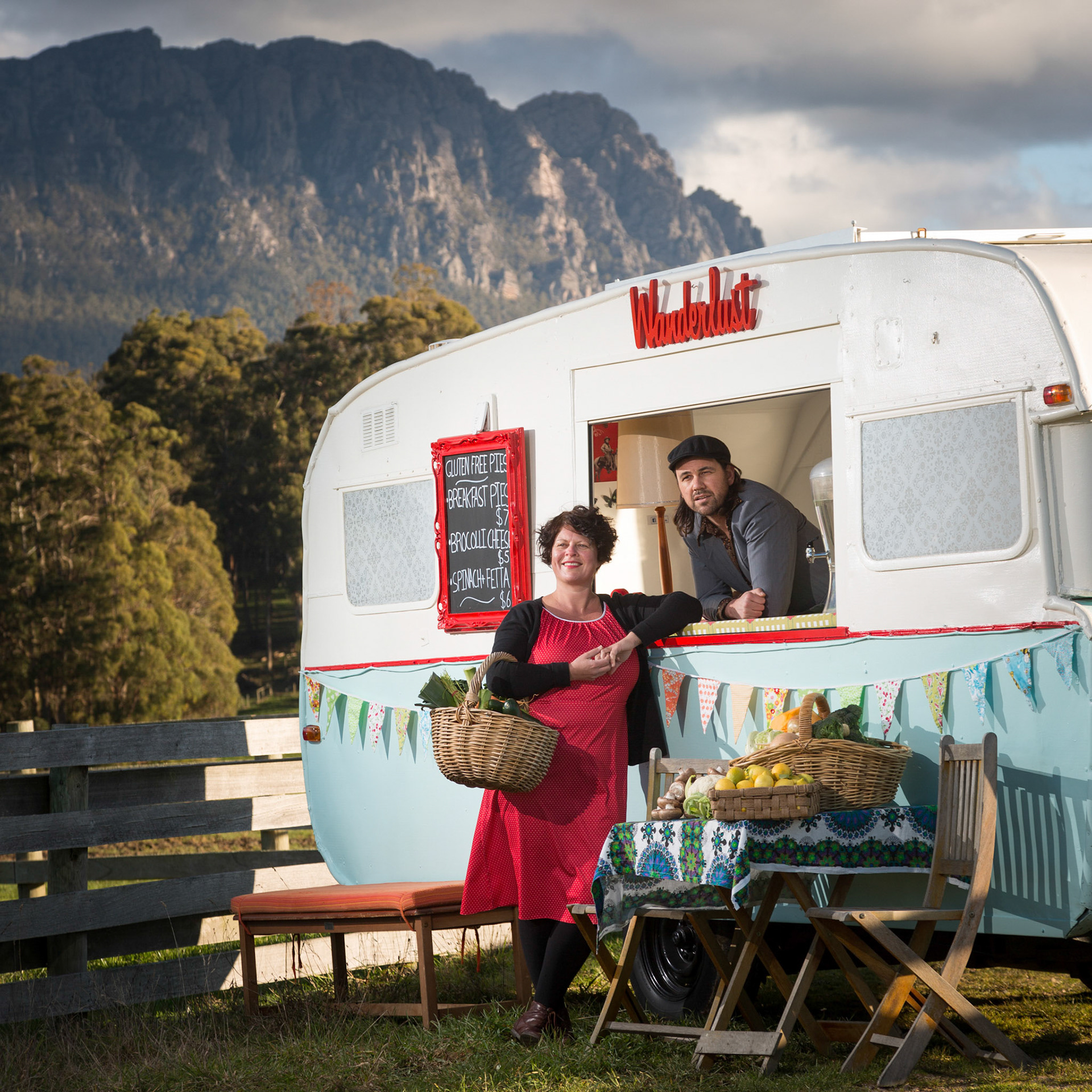 Sally Dawkins and partner Corey Gilham with their Wanderlust food van near Sheffield in Northern Tasmania