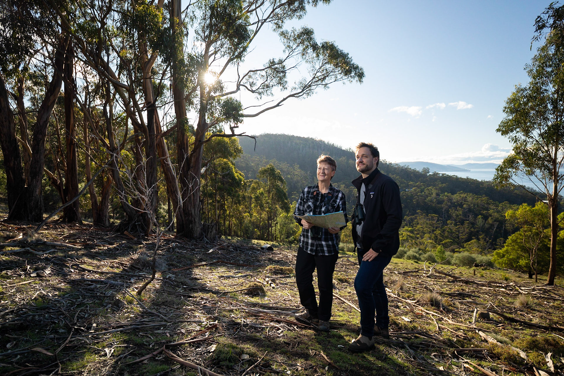 James Hattam CEO of the Tasmanian Land Conservancy with wildlife biologist Dr Sally Bryant at Tinderbox Hills