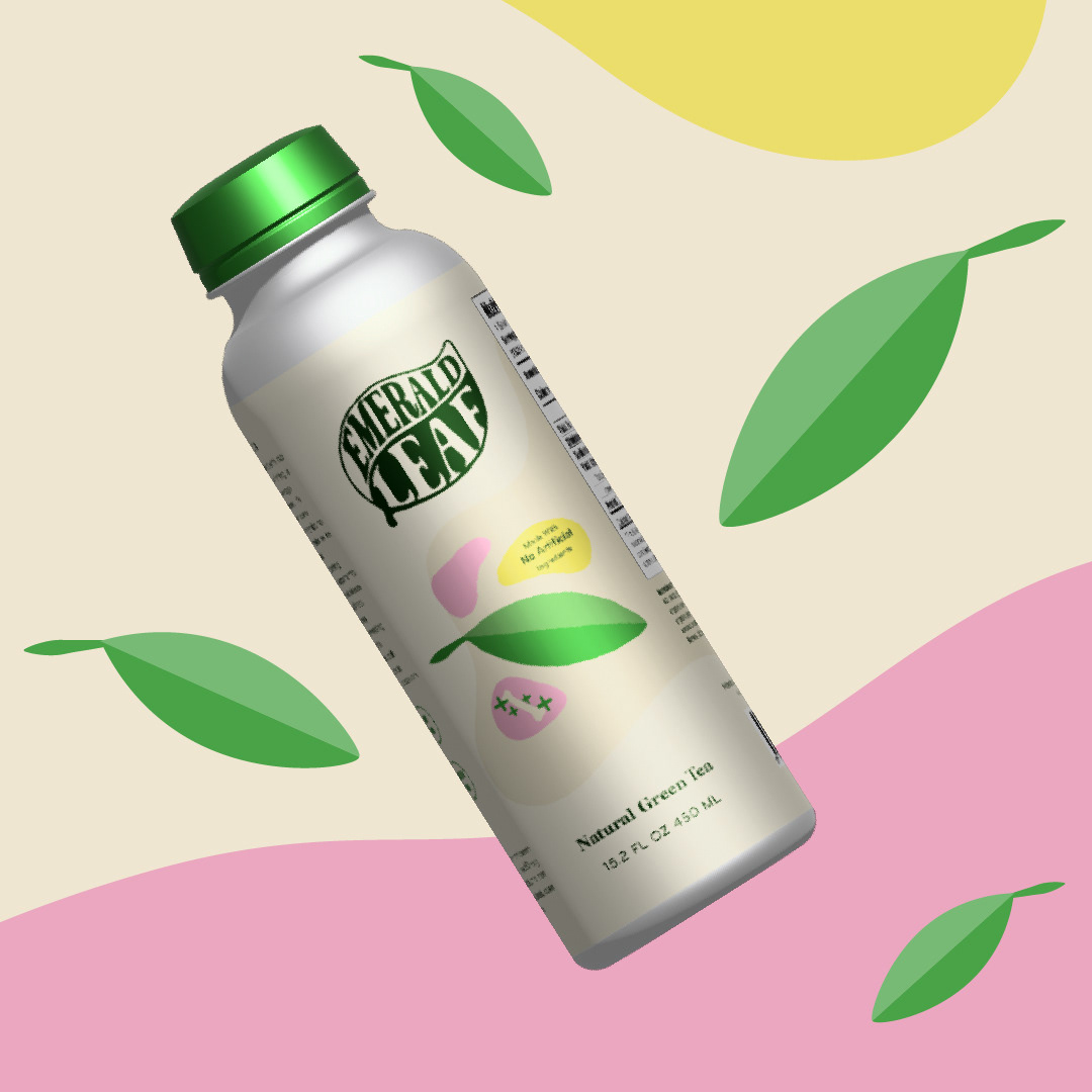 Round tall bottle of Emerald Leaf Green Tea.