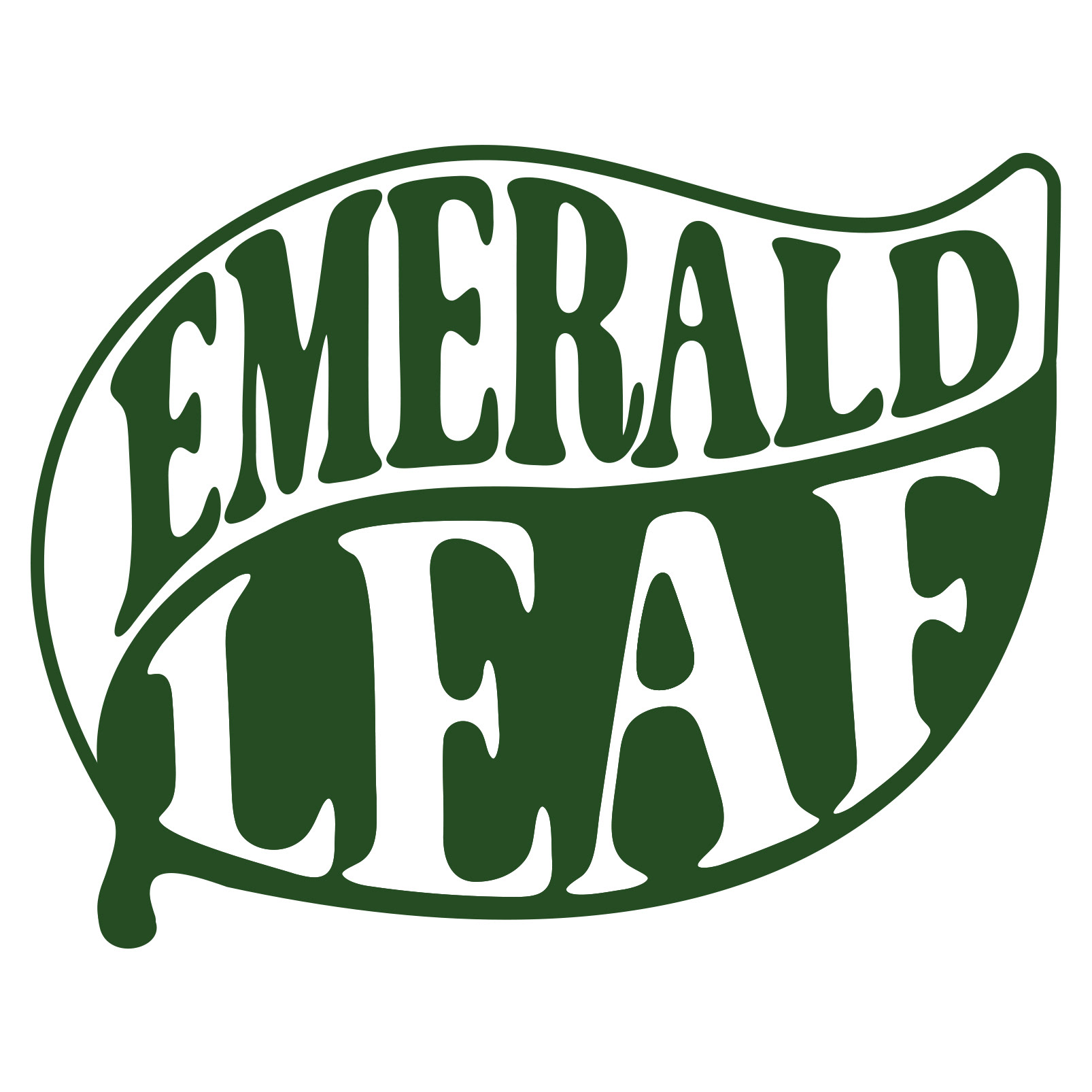 The words "Emerald" "Leaf" following the curve of the inside of a leaf shape. Surrounded by a leaf outline and divided by a white background and green text and green background and white text on the bottom half of the logo.