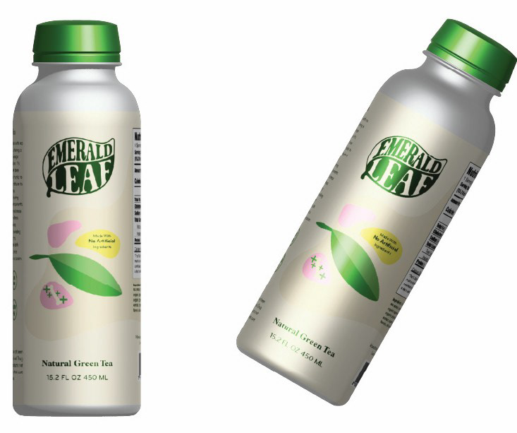 Two of the same bottle at two different angles. The one on the left is facing forward and vertically displayed. The second bottle is face forward but is floating at at slight tilt. These bottles are drinking bottle of Emerald Leaf Green Tea. The both have illustrations of leaves with pops of yellow and pink. 